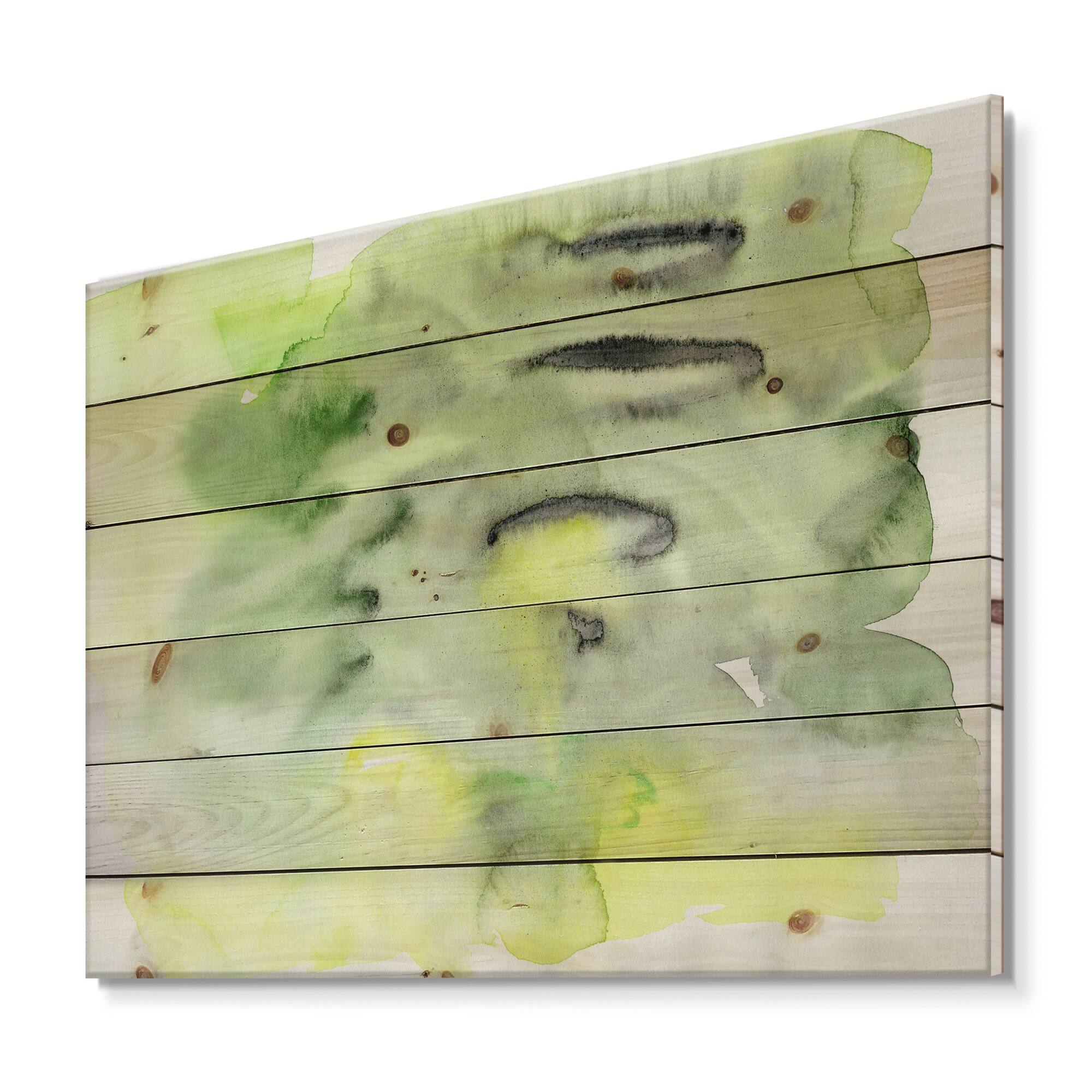 Designart - Abstract Pond of Green and Yellow - Modern Print on Natural Pine Wood