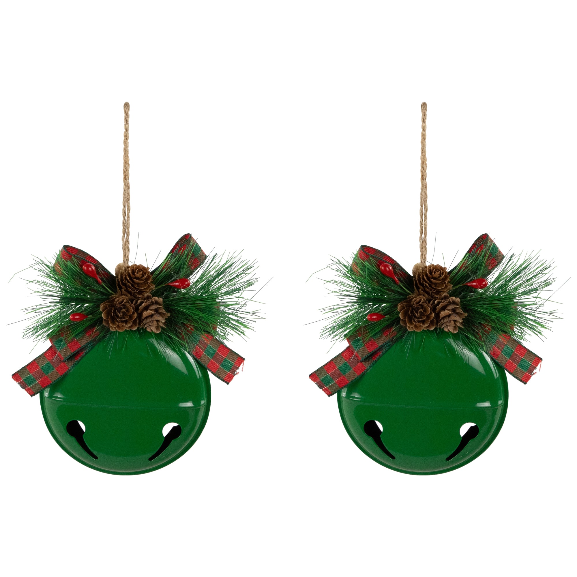 Northlight 5" Green Jingle Bells with Pinecone Bows Disc Christmas Ornaments, 2ct. | Michaels®
