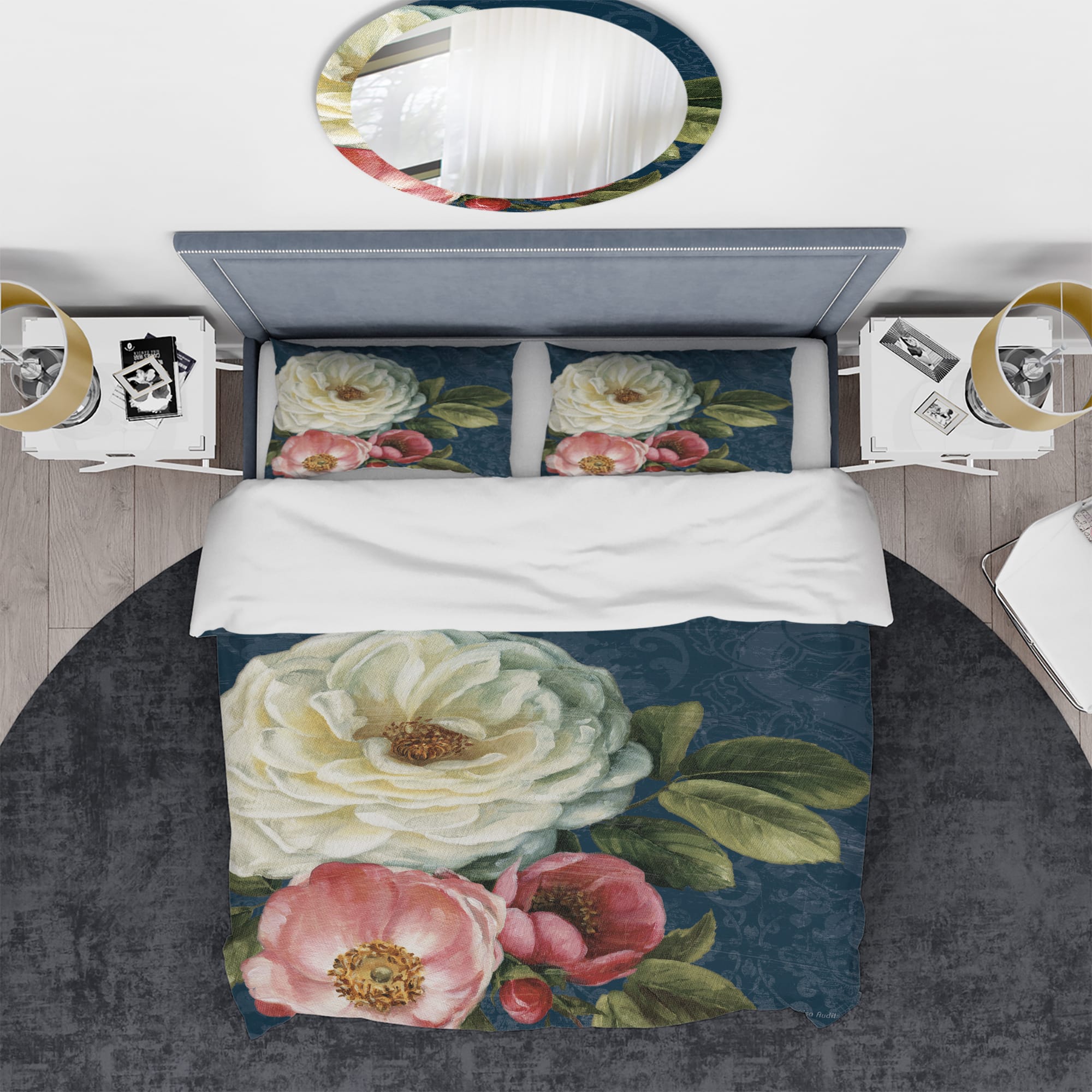 Designart 'White and Pink Damask Rose Flowers' Shabby Bedding Set - Duvet Cover & Shams