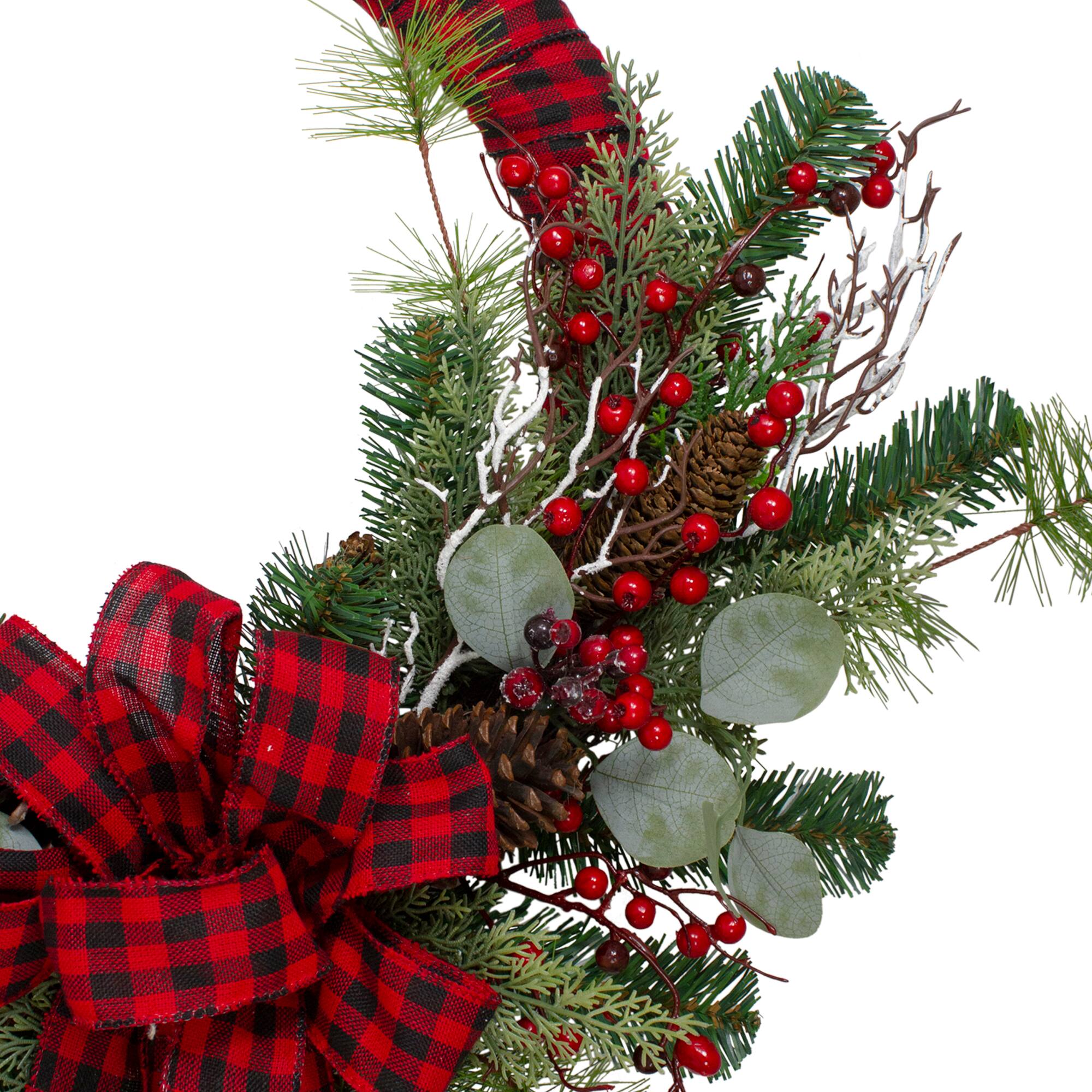 24" Red And Black Buffalo Plaid And Berry Artificial Wreath