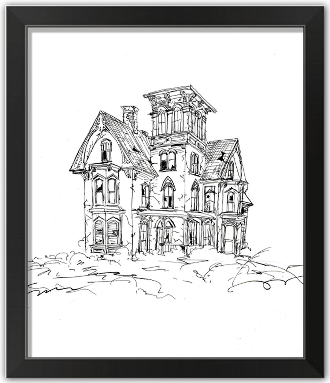 Haunted House Sketch Halloween Print in Black Frame