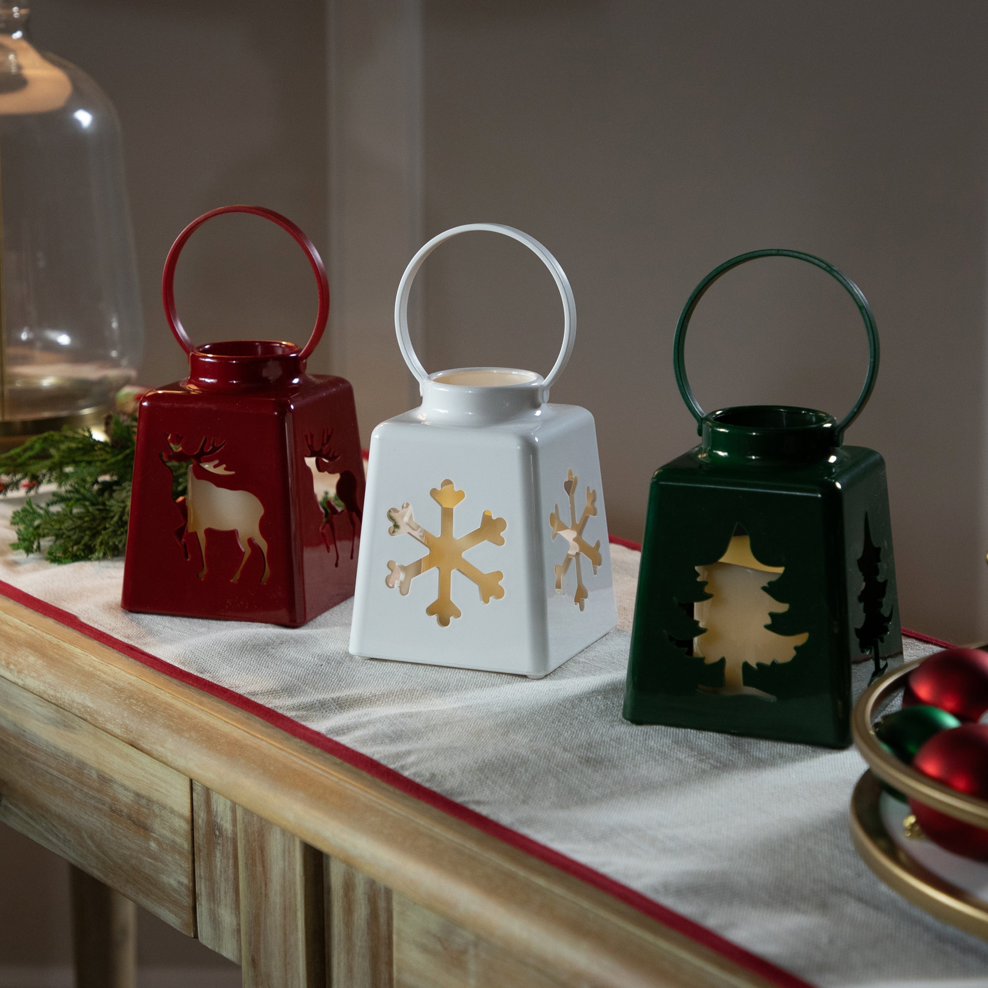 LED Lighted Tree  Snowflake and Reindeer Christmas Candle Lanterns - 8" - Set of 3