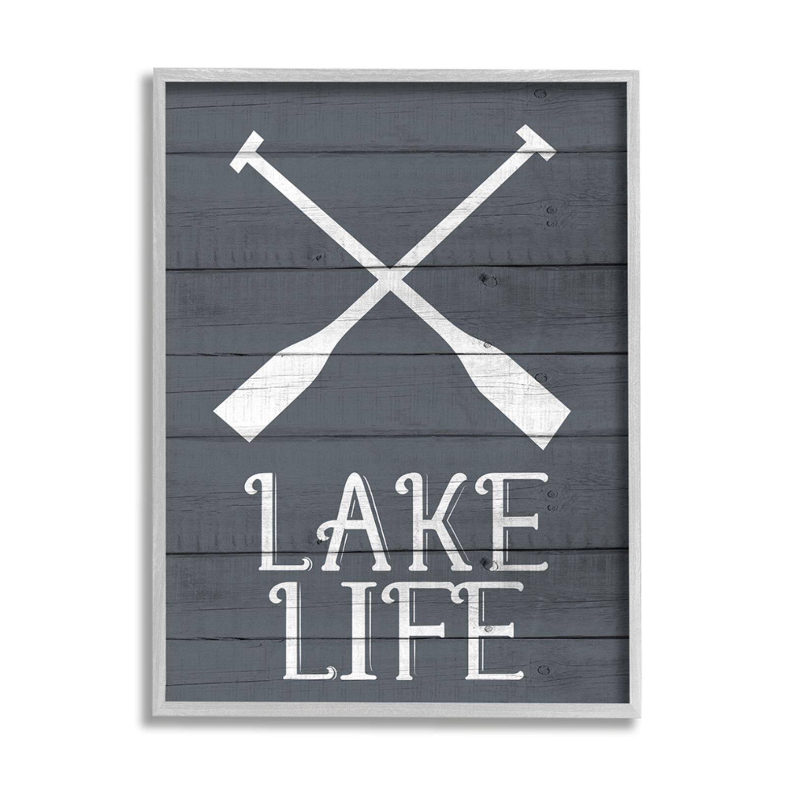 Stupell Industries Nautical Blue Lake Life Phrase Rustic Boat Oars Framed Wall Art