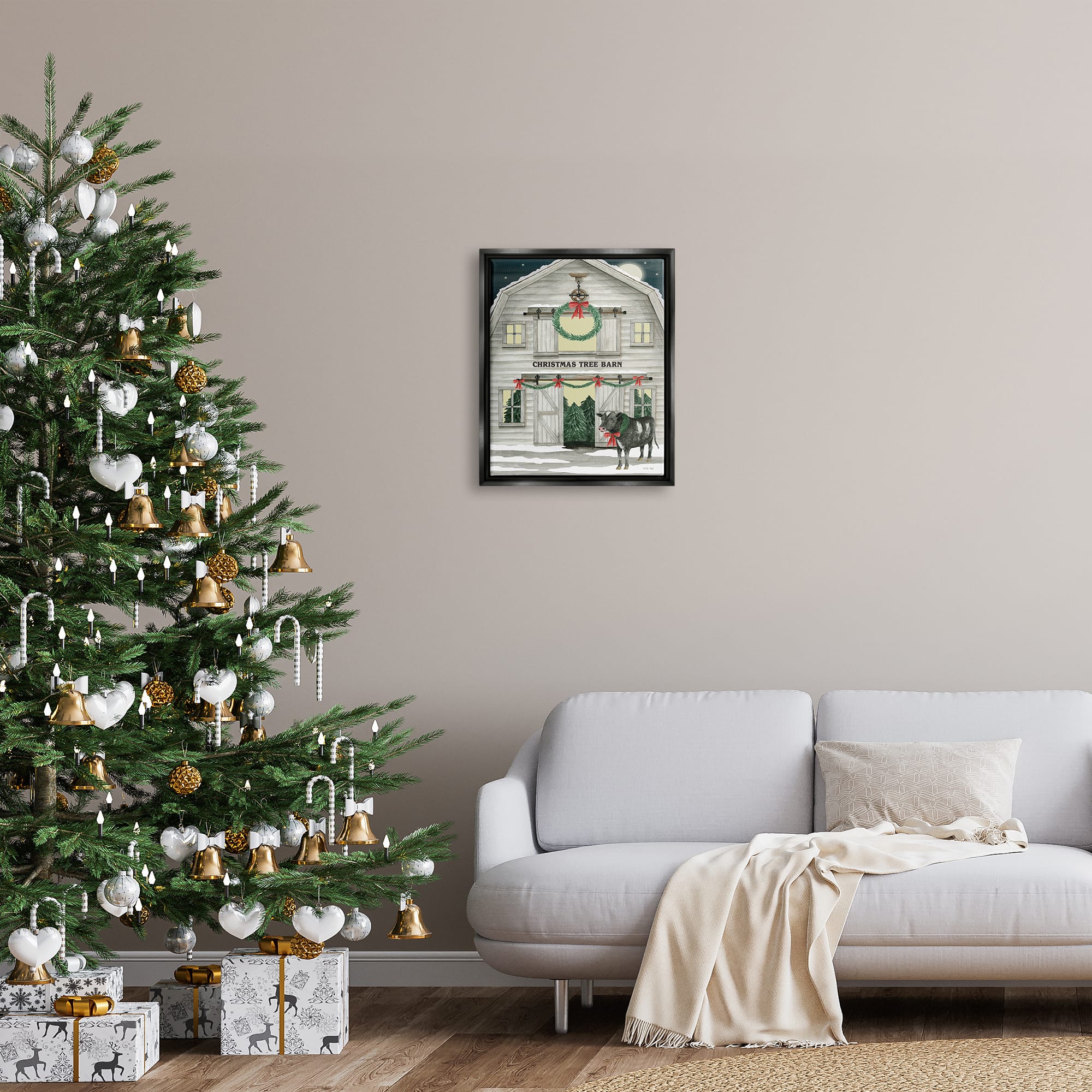 Stupell Industries Christmas Tree Barn Rural Countryside Framed Floater Canvas Wall Art
