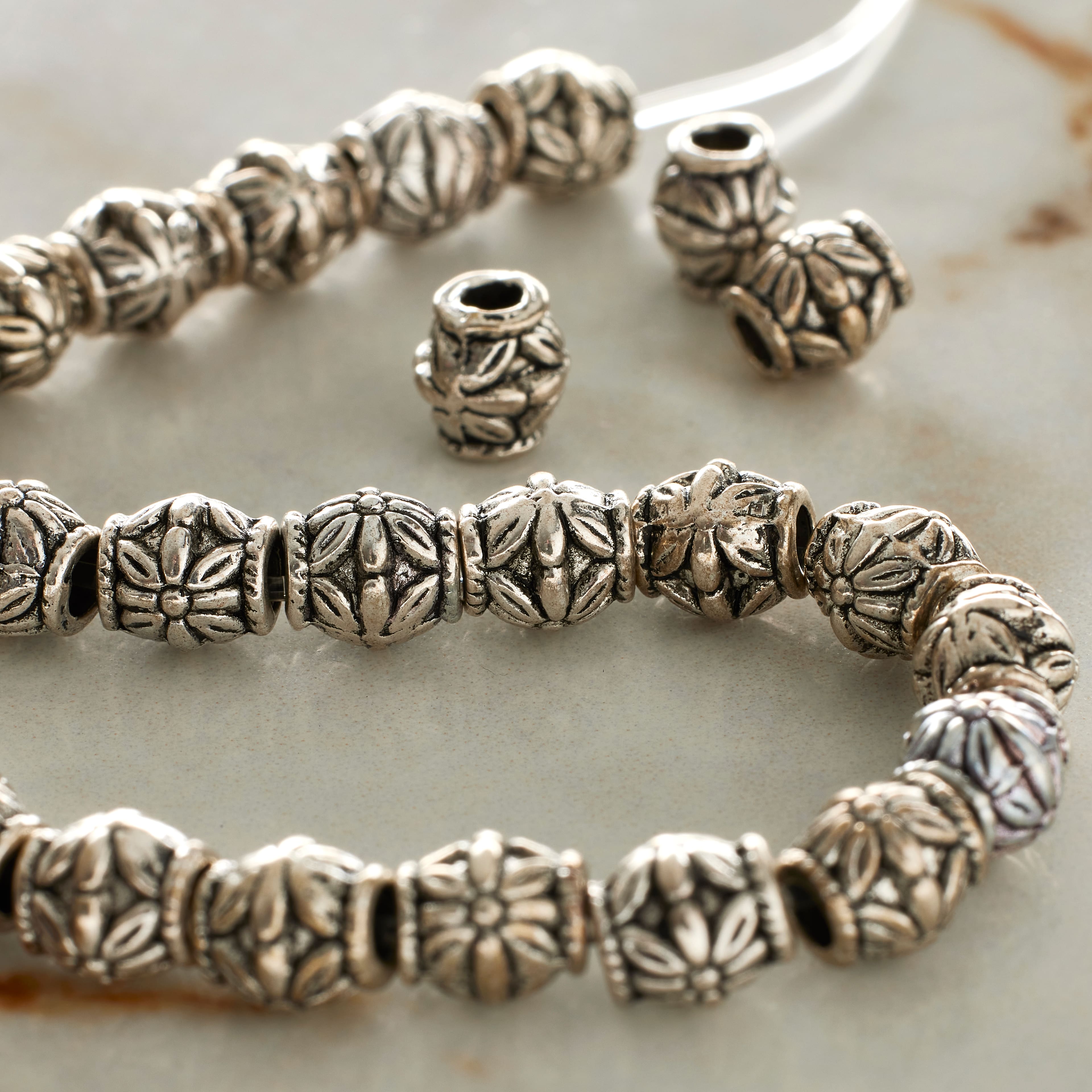 12 Pack:  Antique Silver Carved Flower Tube Beads, 7mm by Bead Landing™