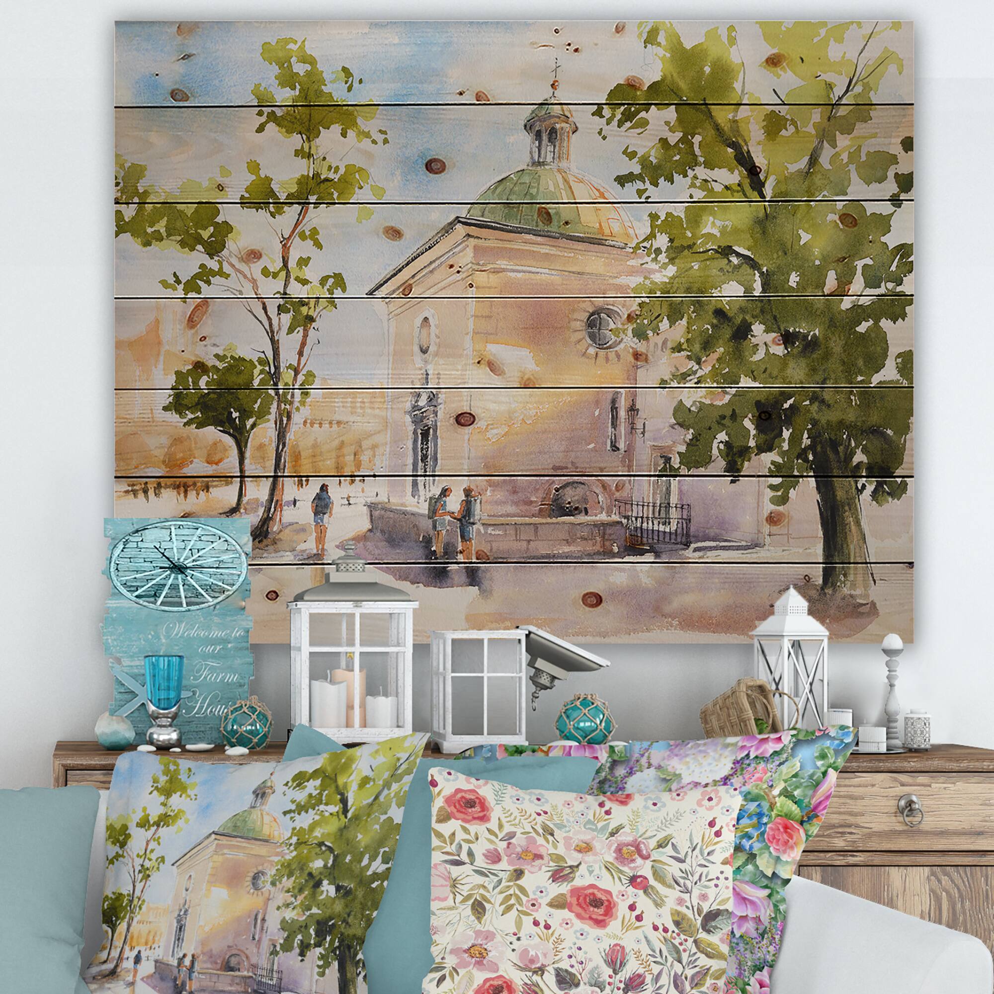 Designart - Rustic Church In The Village - Country Print on Natural Pine Wood
