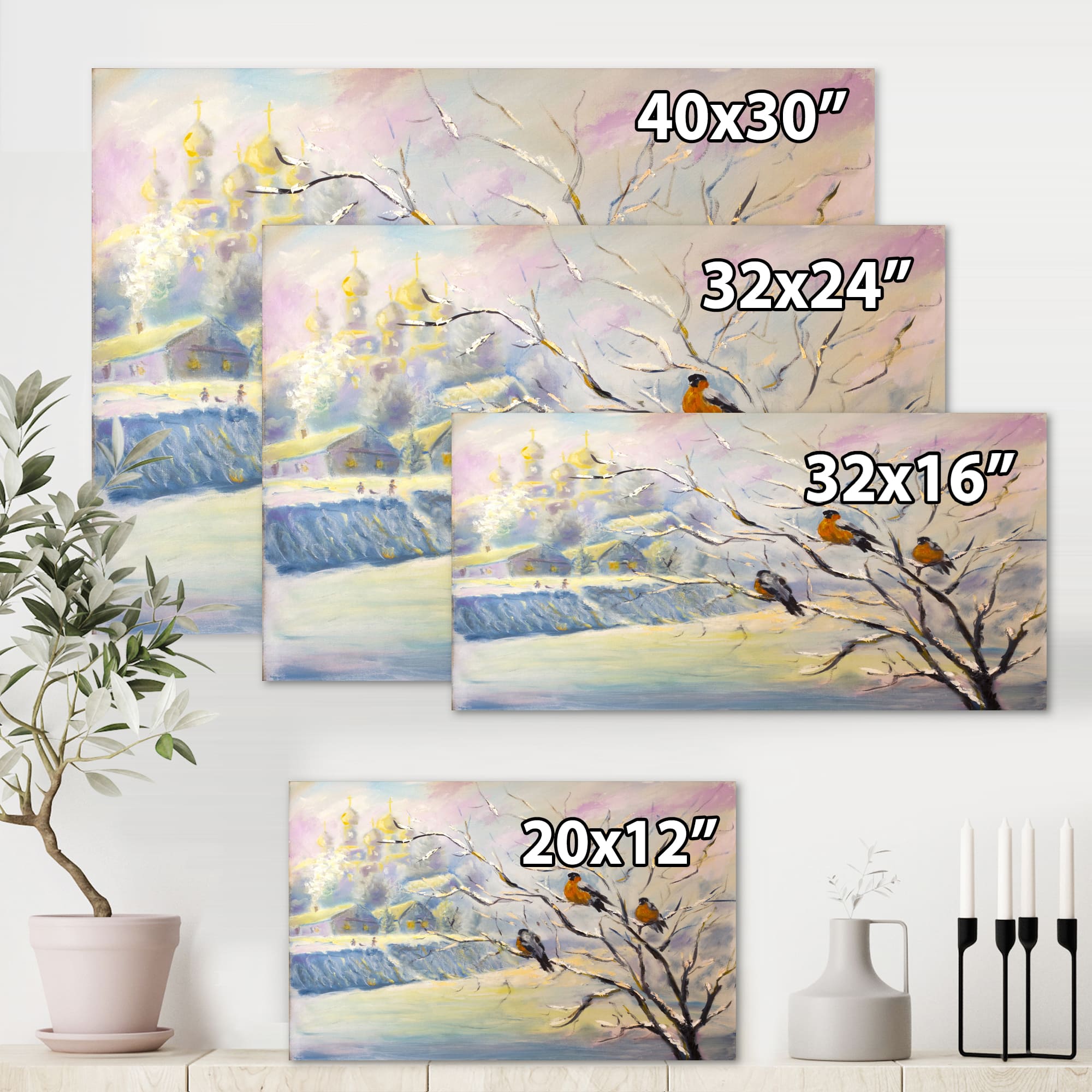 Designart - Rustic Birds On A Tree In Winter Village - Farmhouse Canvas Wall Art Print
