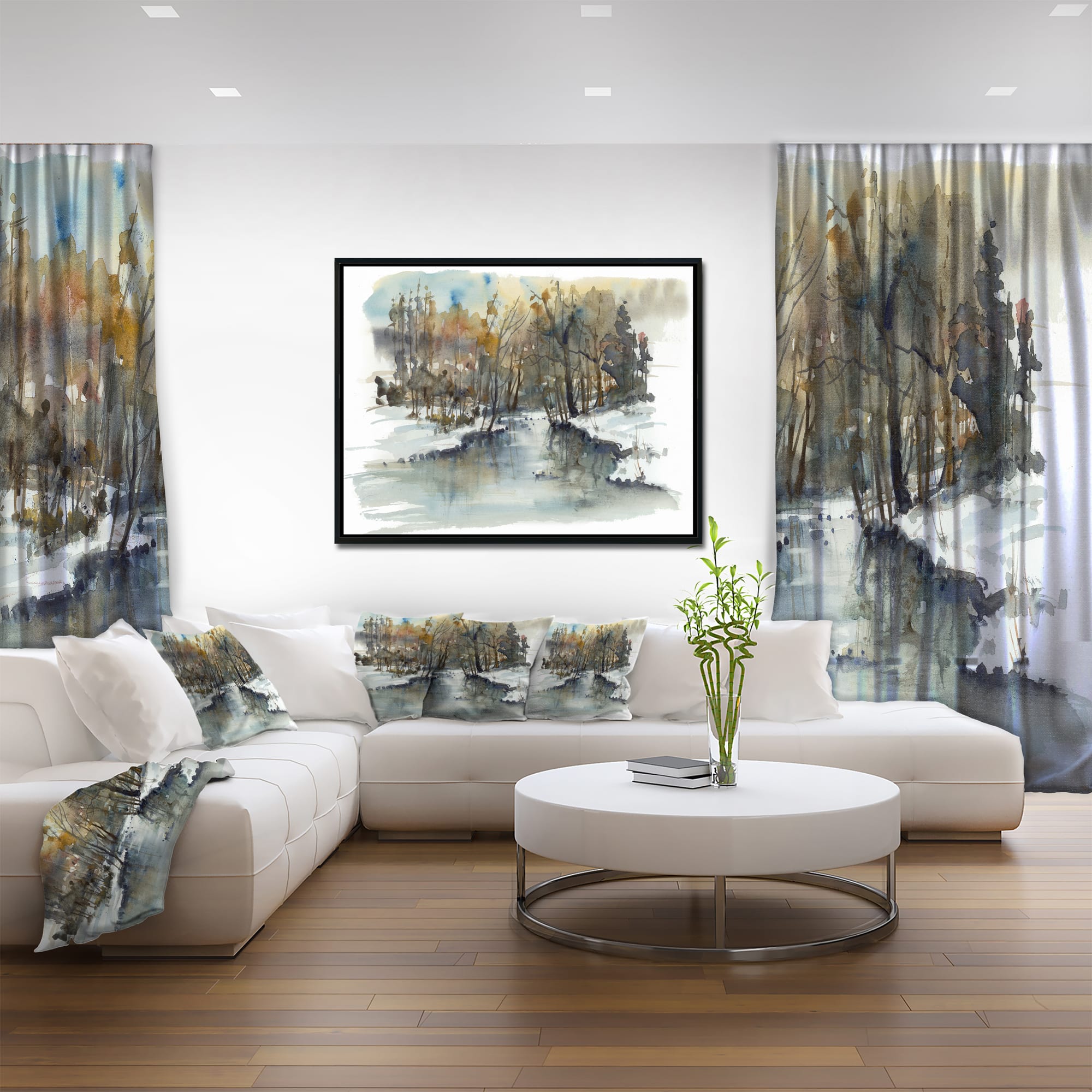 Designart - River in Woods Watercolor - Landscape Painting Canvas Print in Black Frame