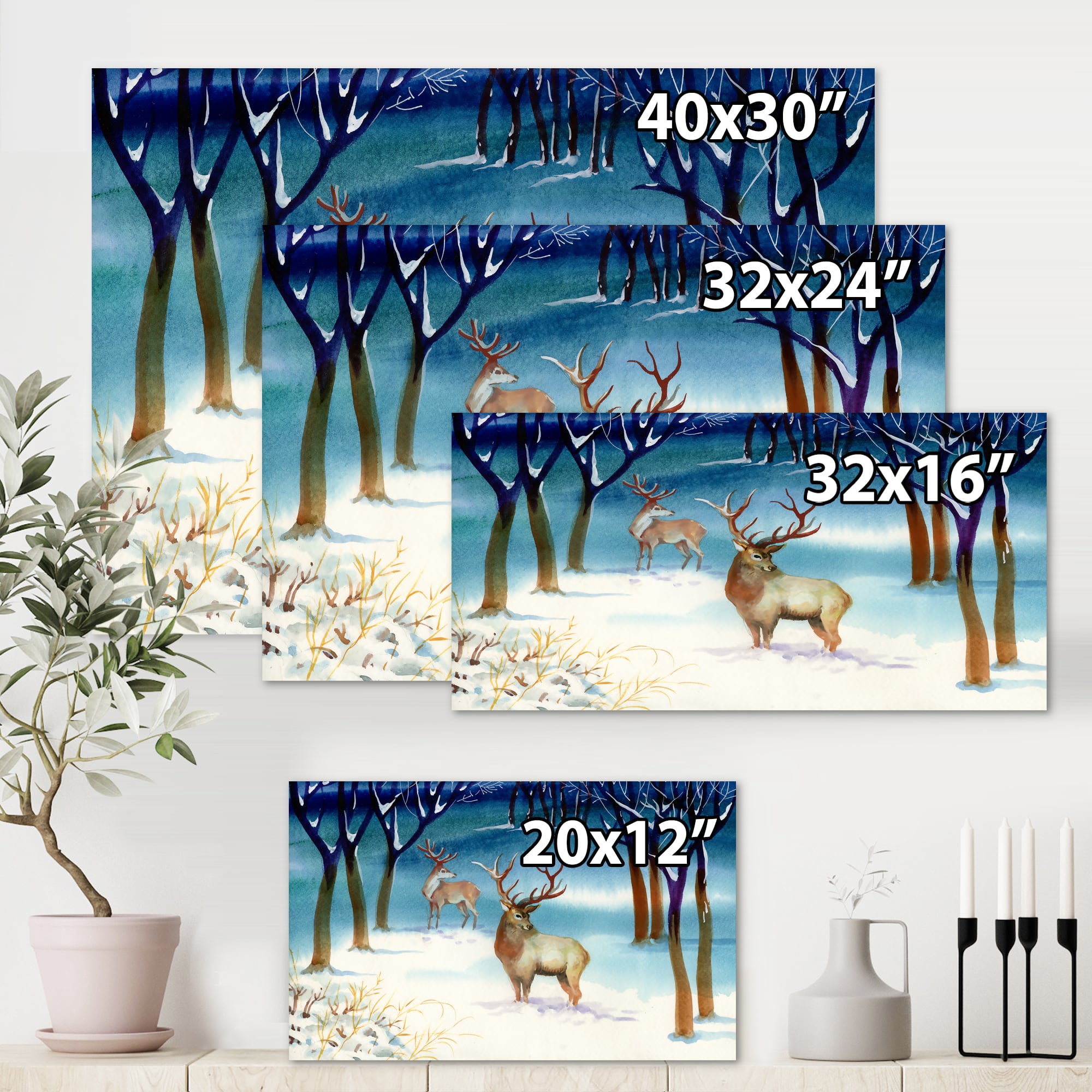 Designart - Winter Landscape With Deers - Traditional Canvas Wall Art Print