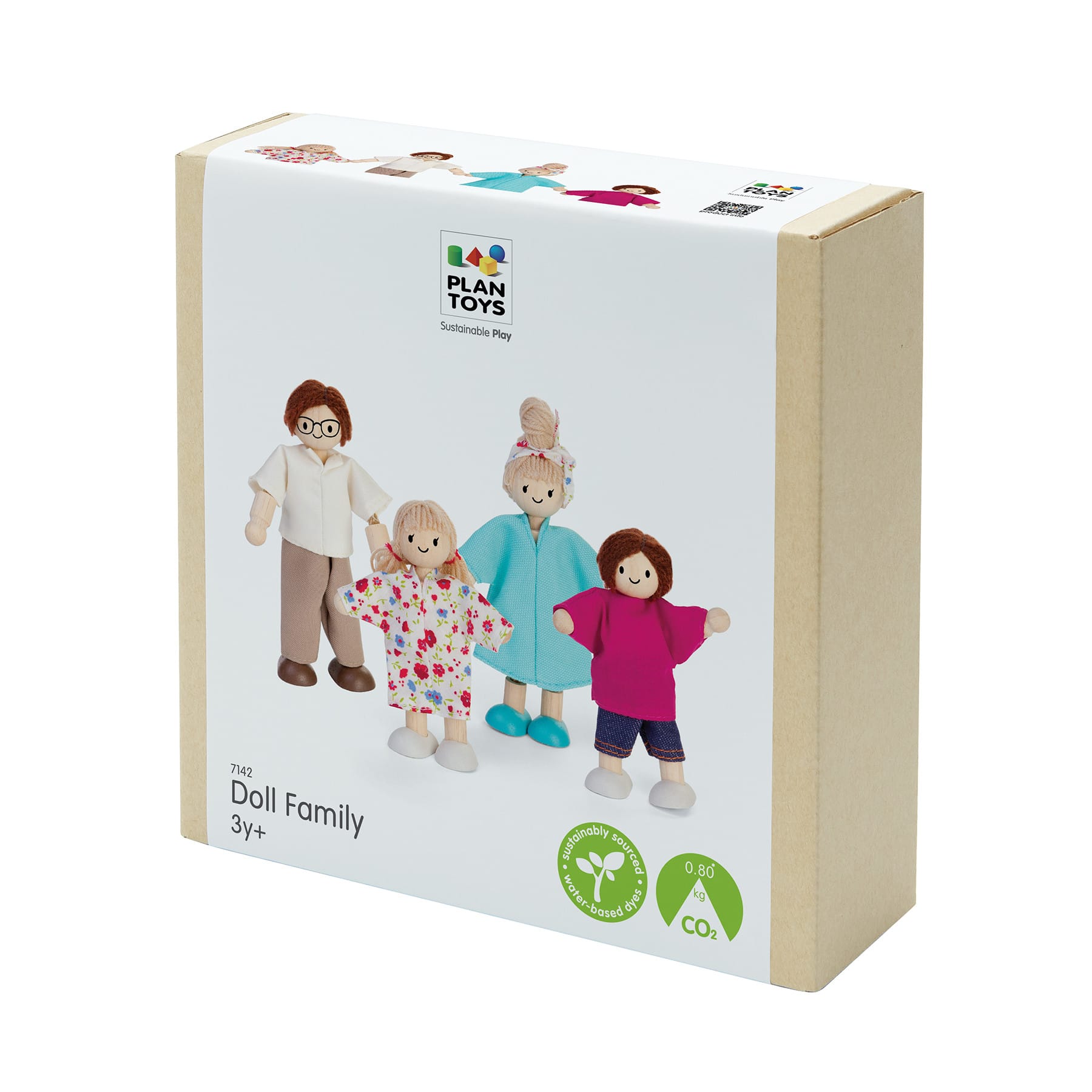 PlanToys Light Skin Tone & Brown Hair Wood Doll Family Set