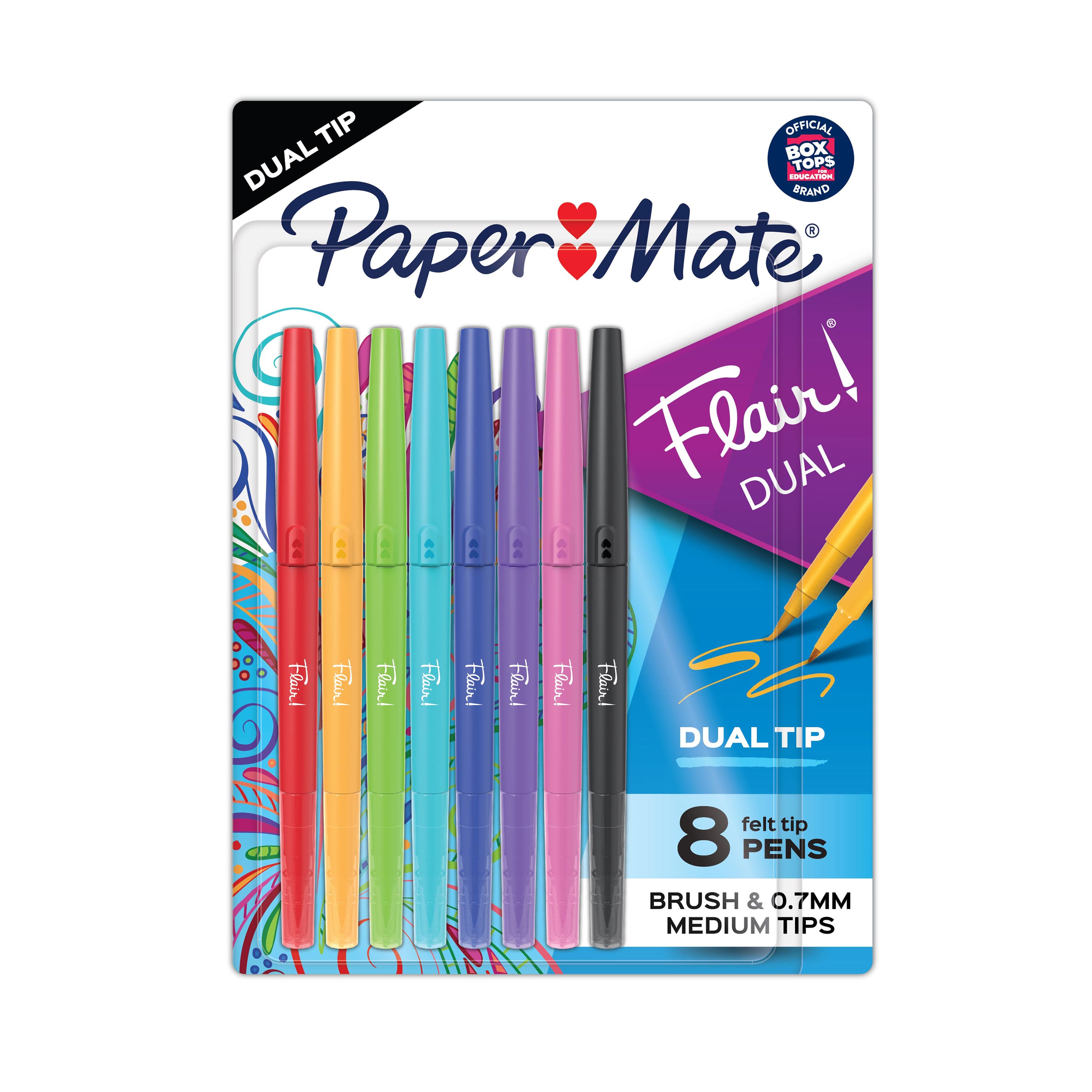 Stylos à double pointe feutre pinceau et moyenne, 8 couleurs, Flair! de Paper Mate