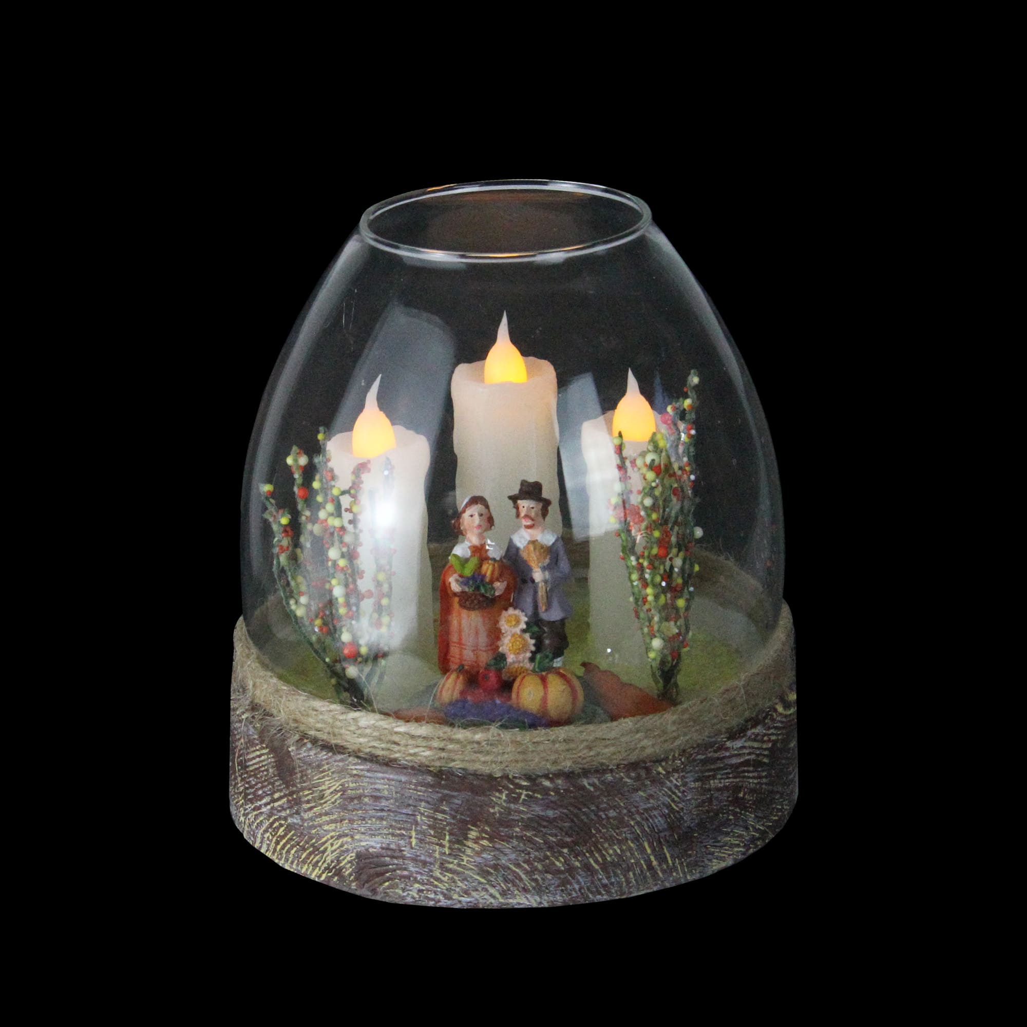 5" Glass Pilgrim Figurine Flickering Candle Thanksgiving Jar