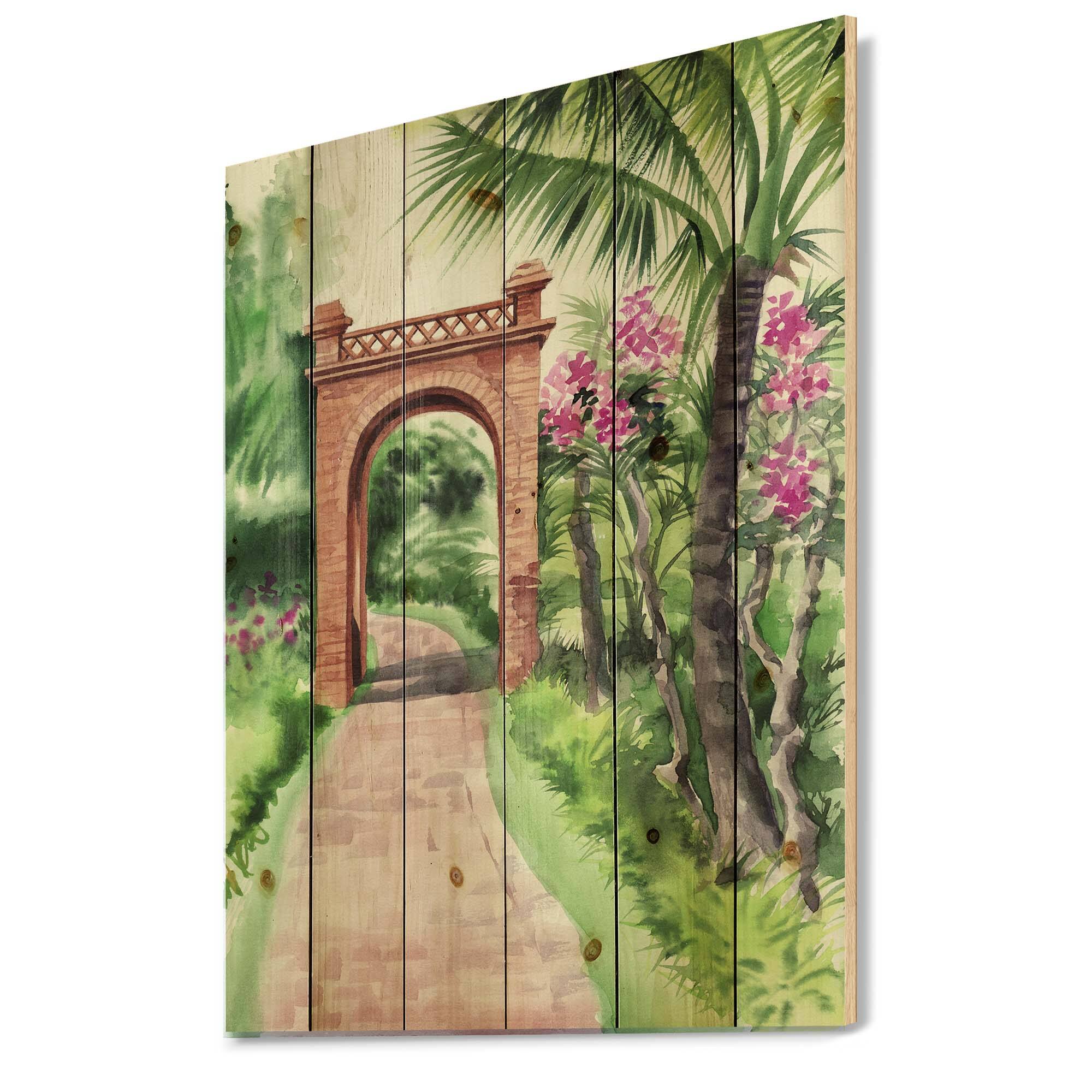 Designart - Traditional Gate In Tropical Oasis - Tropical Print on Natural Pine Wood
