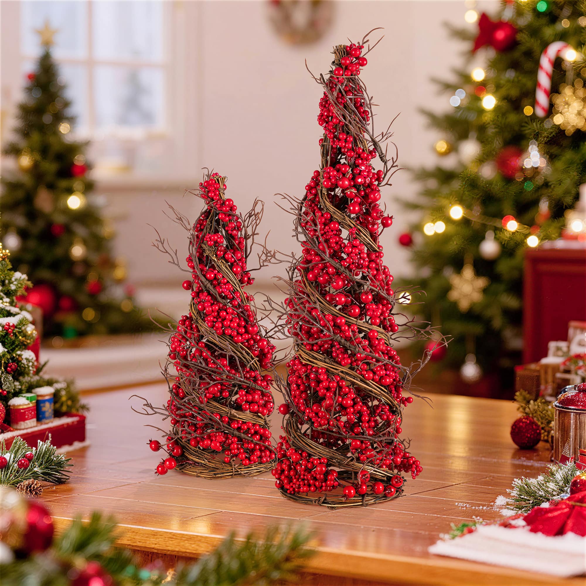 Glitzhome® Set of 2 24"/16" Christmas Red Berry Rattan Table Tree
