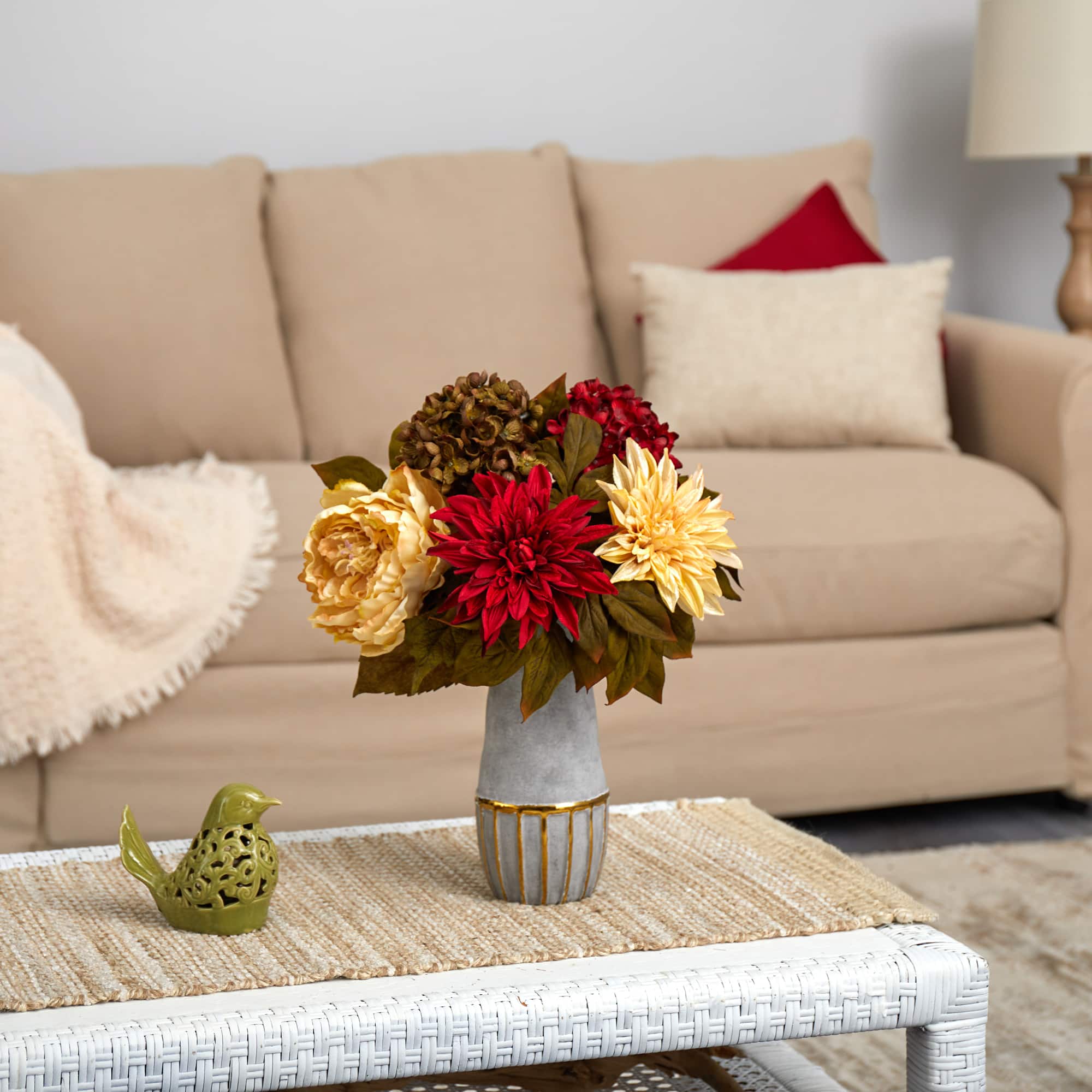 17" Peony, Hydrangea & Dahlia Arrangement in Stoneware Vase with Gold Trimming