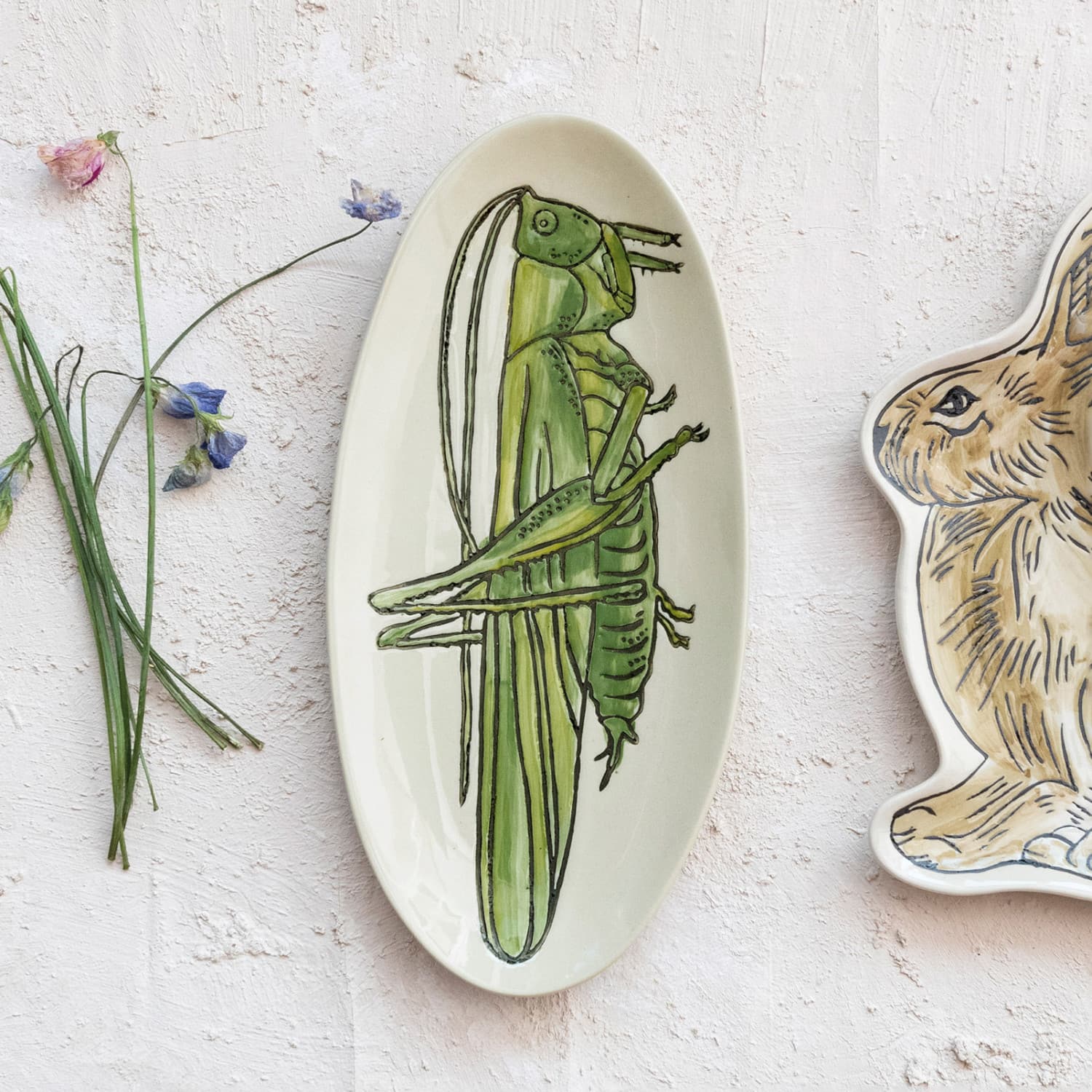 Hello Honey® 11.5" Green & White Hand-Painted Grasshopper Stoneware Plate