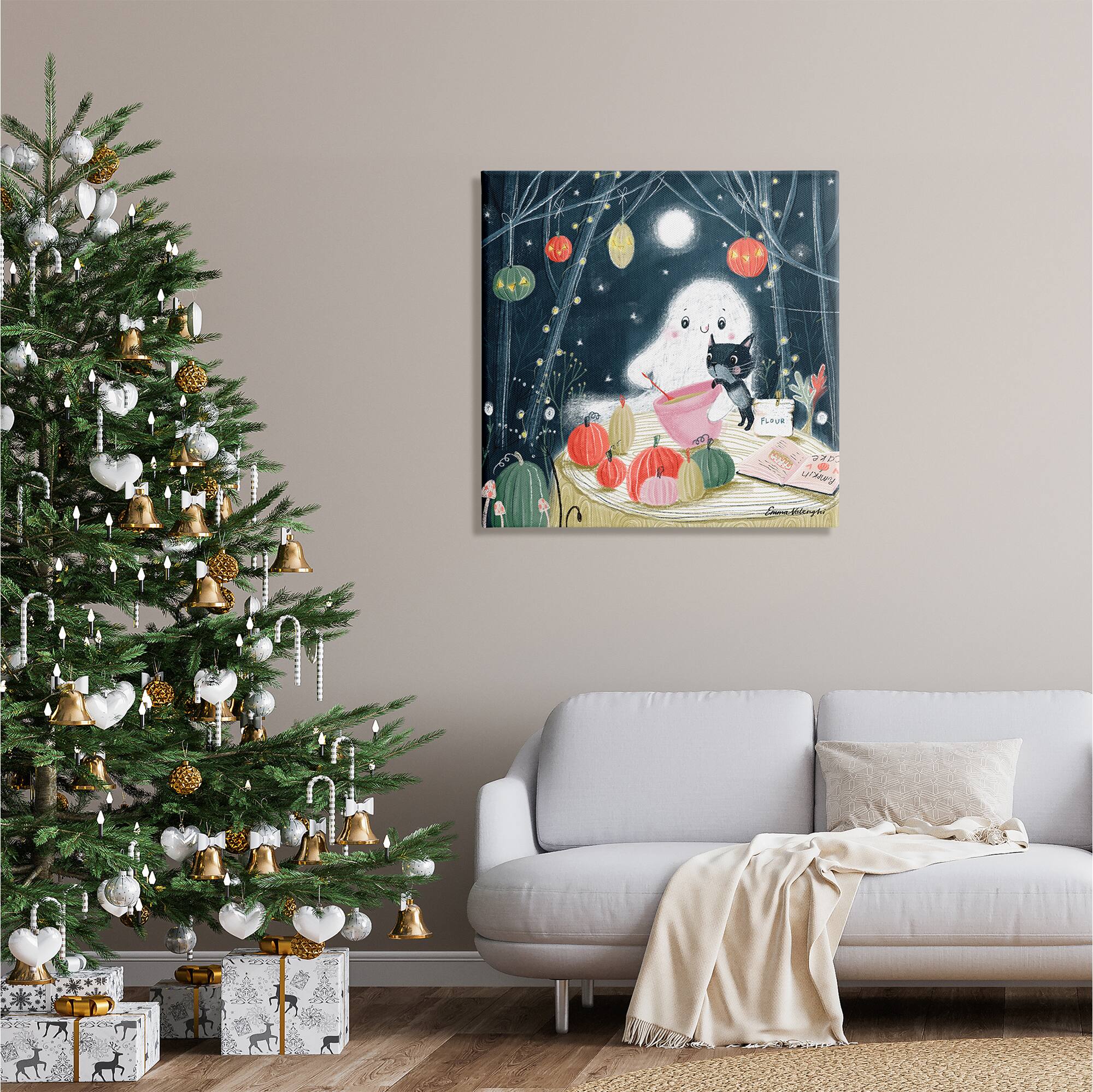 Stupell Industries Cat & Ghost Baking Pumpkin Cake Canvas Wall Art