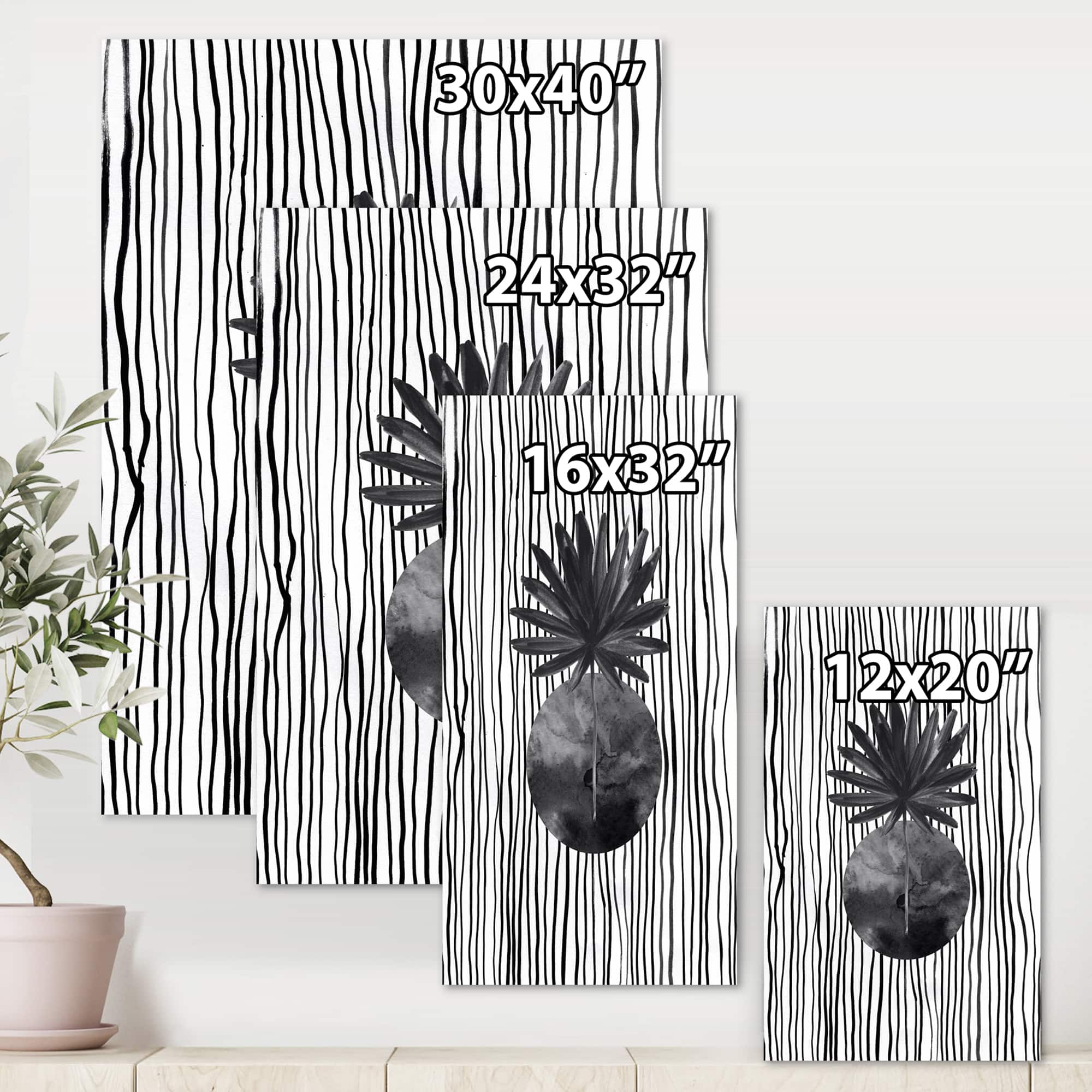 Designart - Black and White Tropical Leaf On Striped I - Modern Canvas Wall Art Print