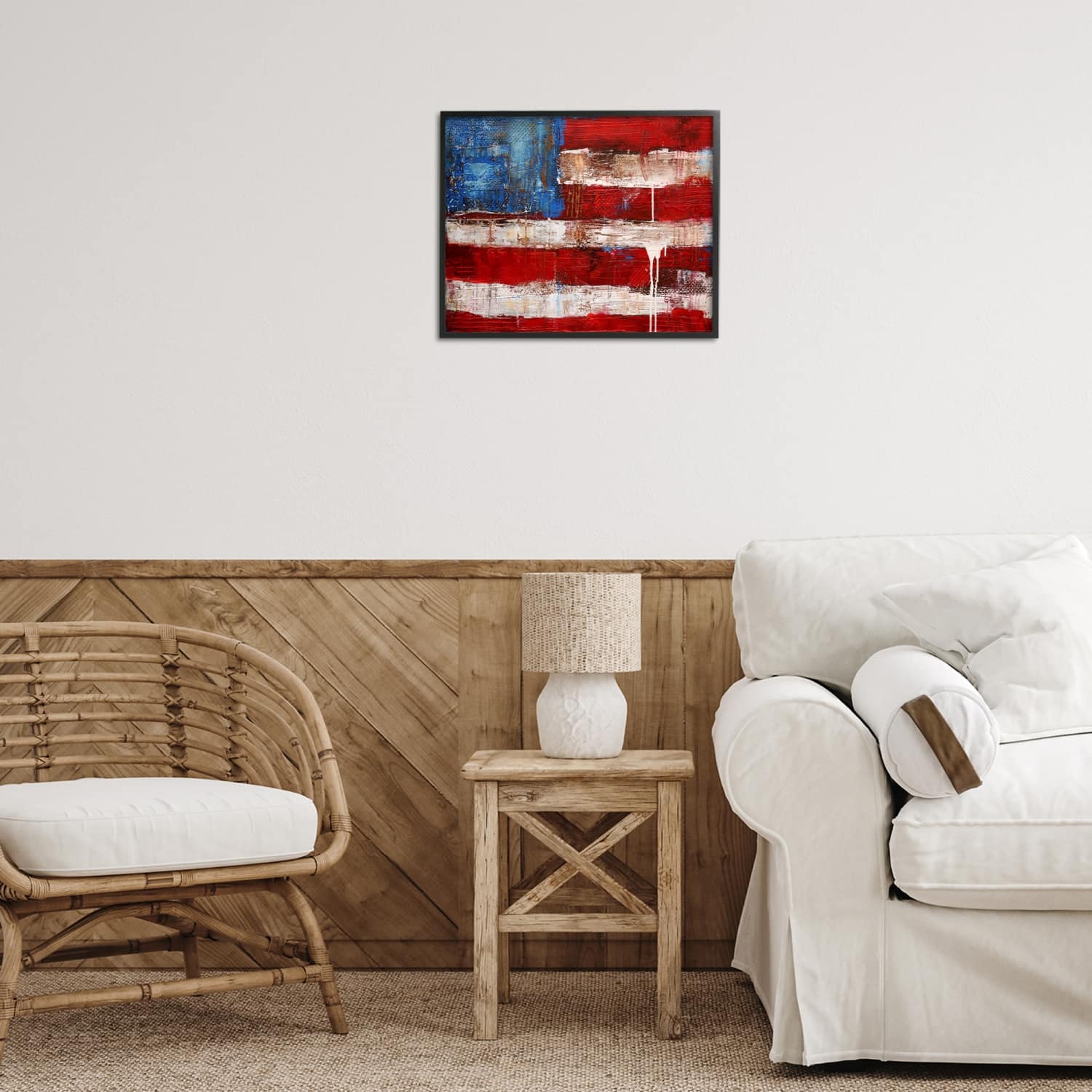 Stupell Industries Rustic United States Flag with Distressed Paint Drip Framed Giclee Art