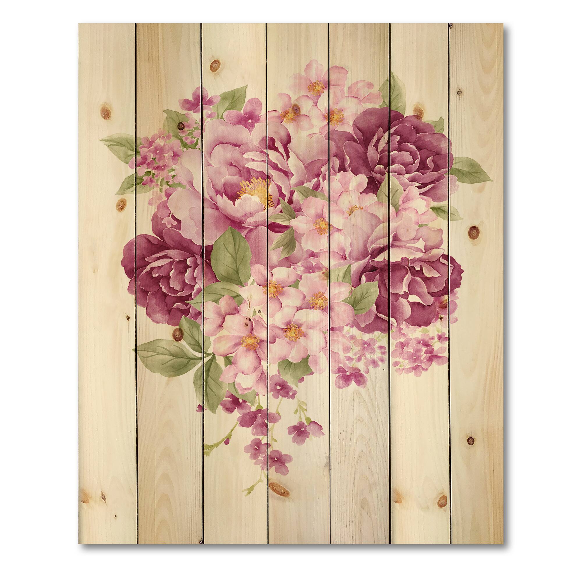 Designart - Pink Retro Flowers - Traditional Print on Natural Pine Wood