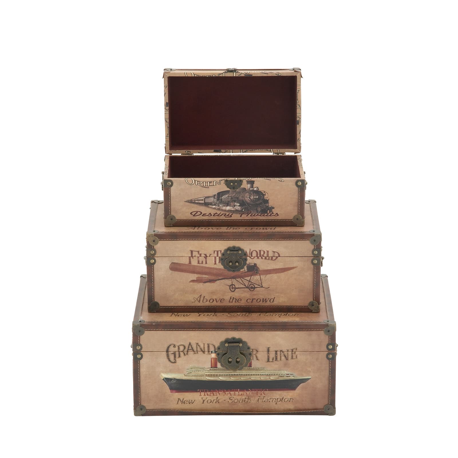 Set of 3" Brown Wood Vintage Trunk, 17", 15", 12"