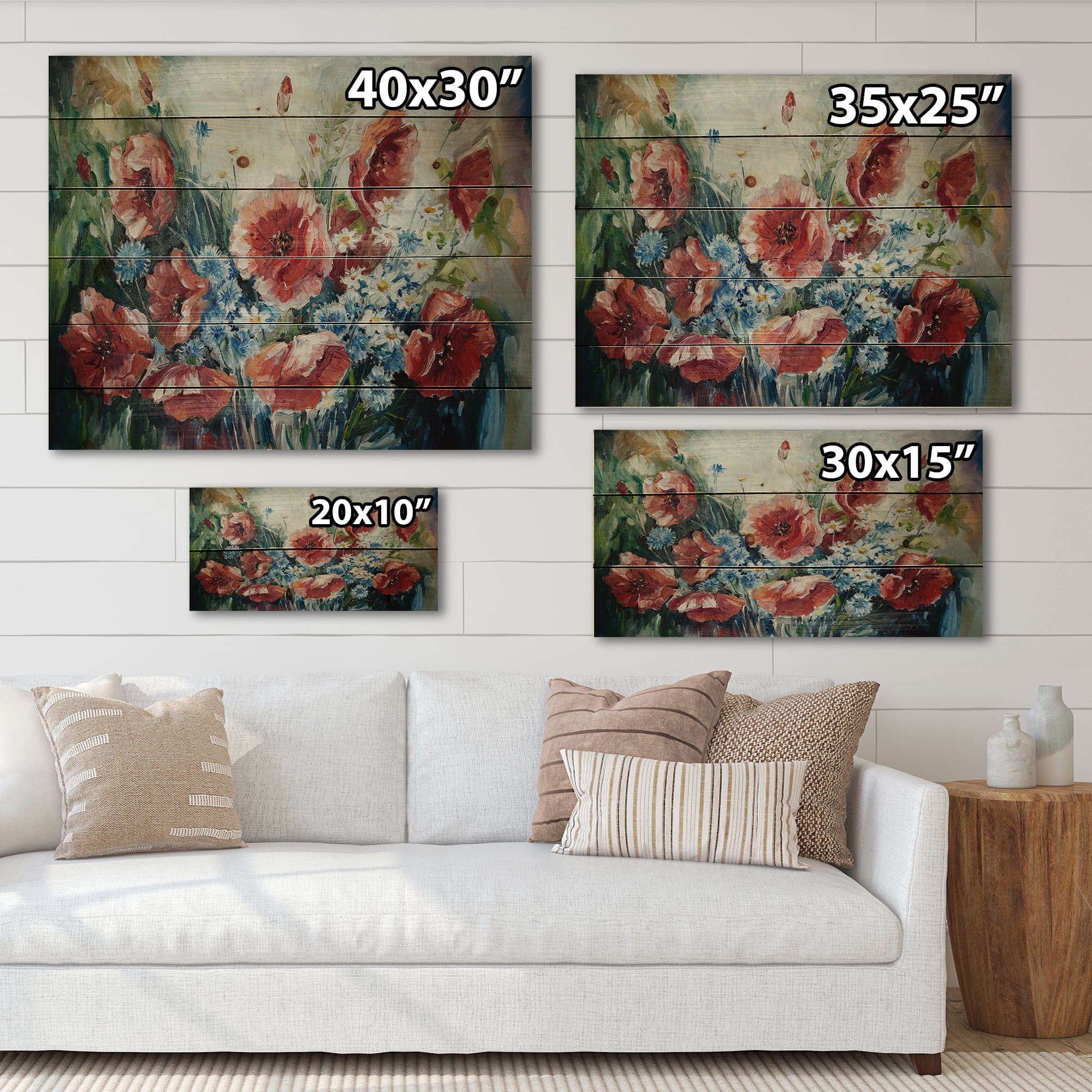 Designart - Retro Bouquet of Poppies - Traditional Print on Natural Pine Wood