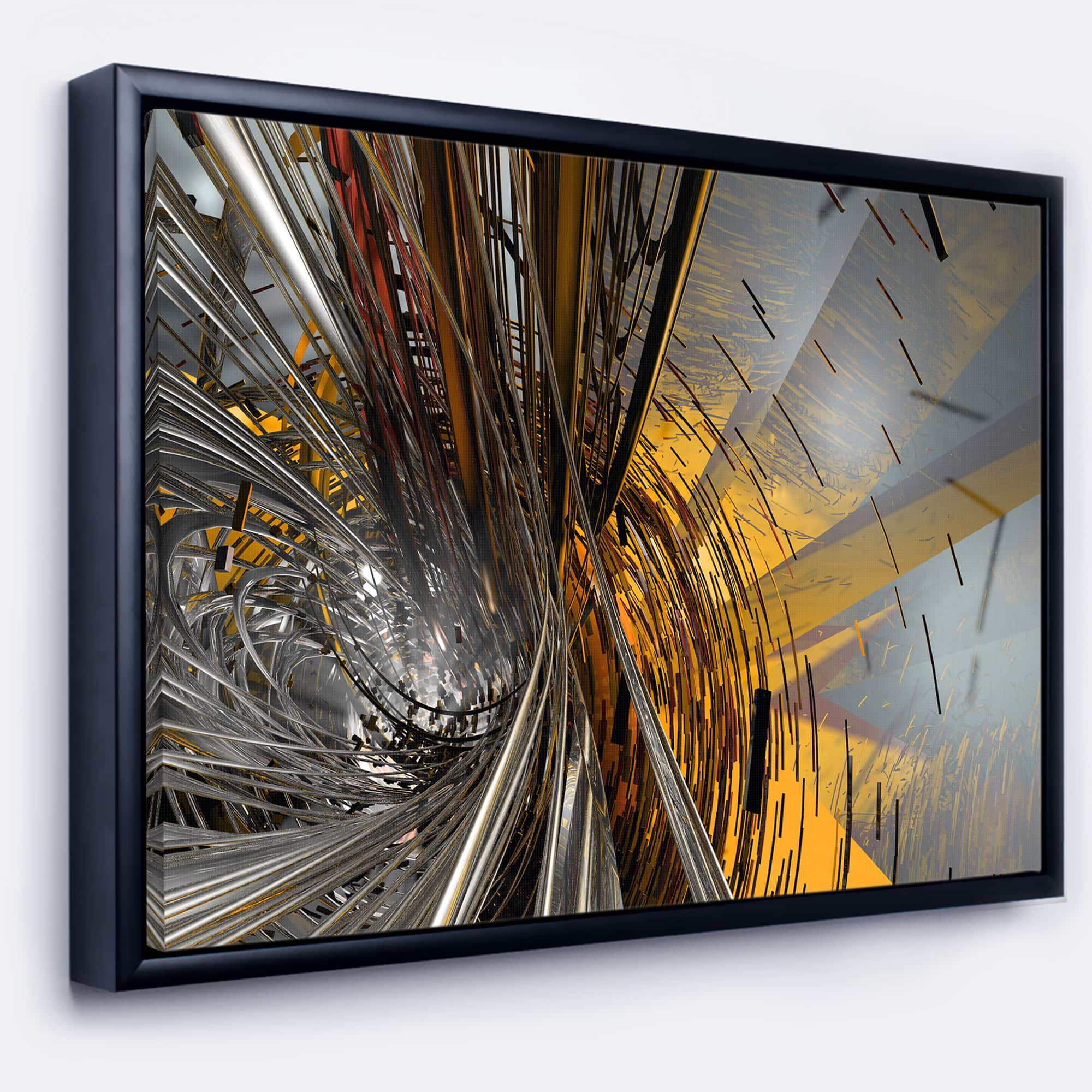 Designart - Fractal Yellow Connected Stripes - Abstract Canvas Art Print in Black Frame