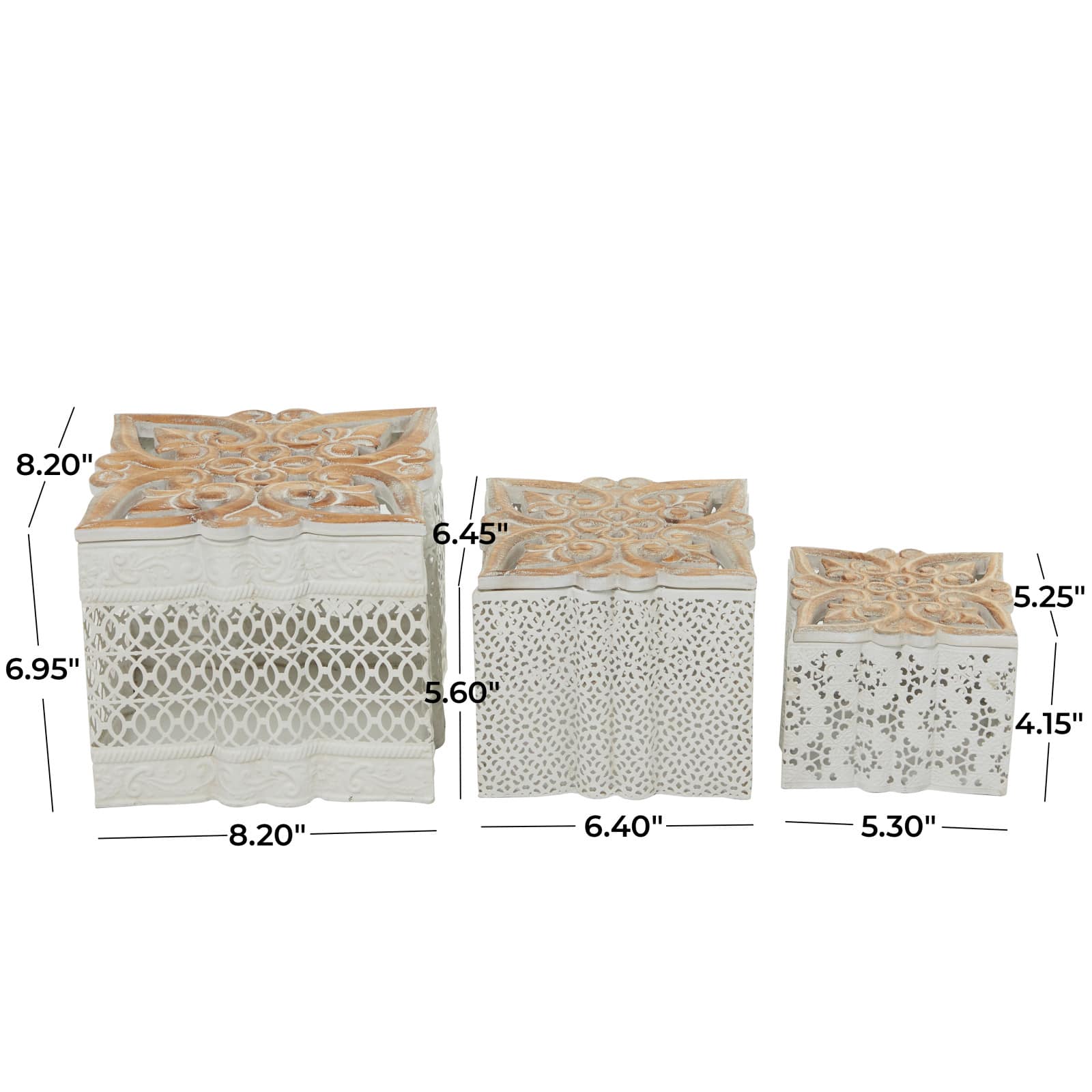 White Metal Laser Cut Metal Decorative Jars with Carved Wood Lids Set