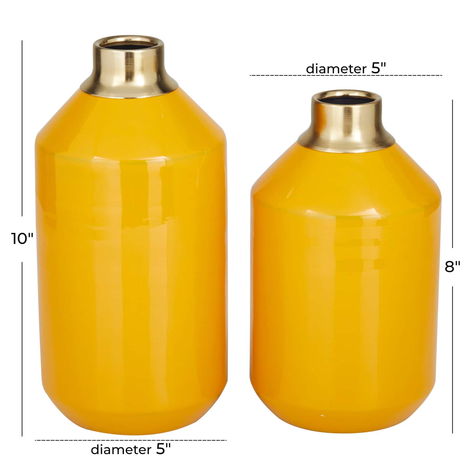 Set of 2" Yellow Metal Modern Vase, 10" x 5" x 5"