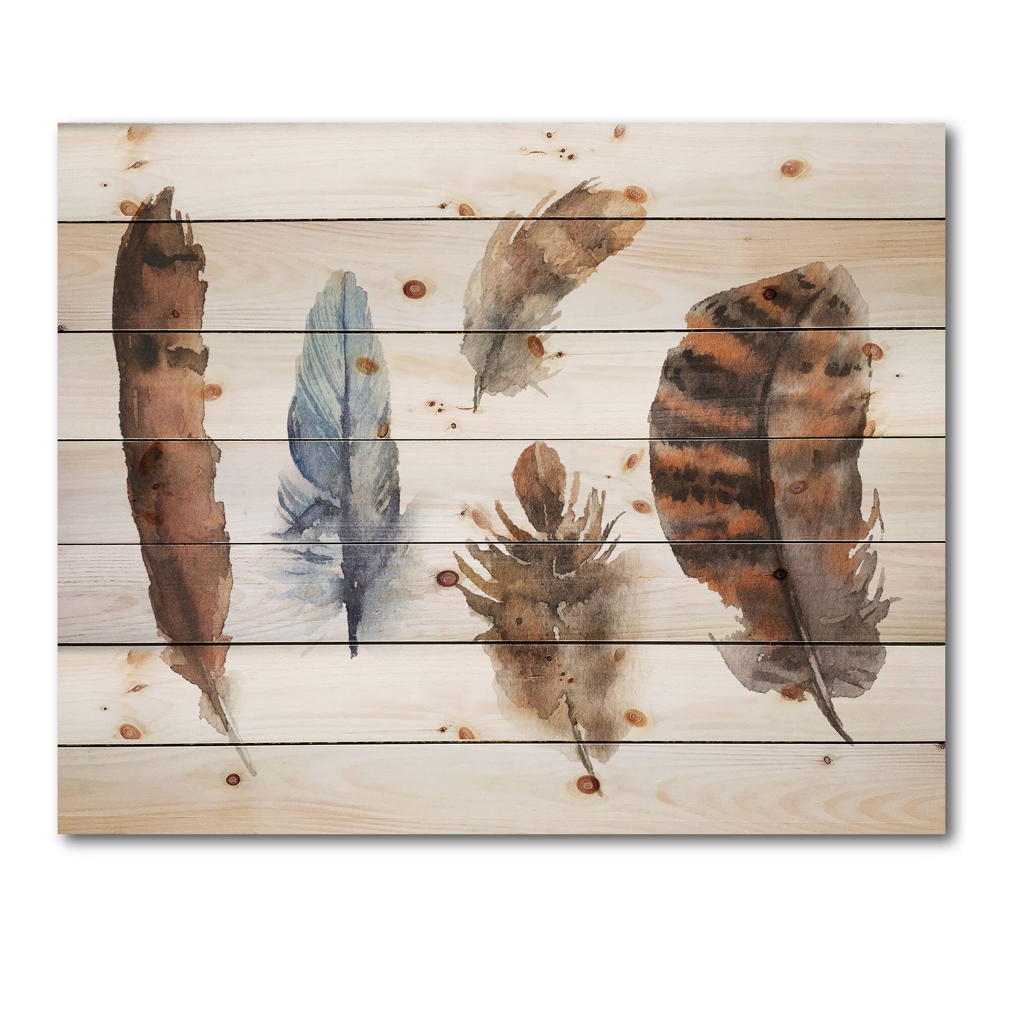 Designart - Ethnic Boho Feathers In Earth Tones - Bohemian & Eclectic Print on Natural Pine Wood