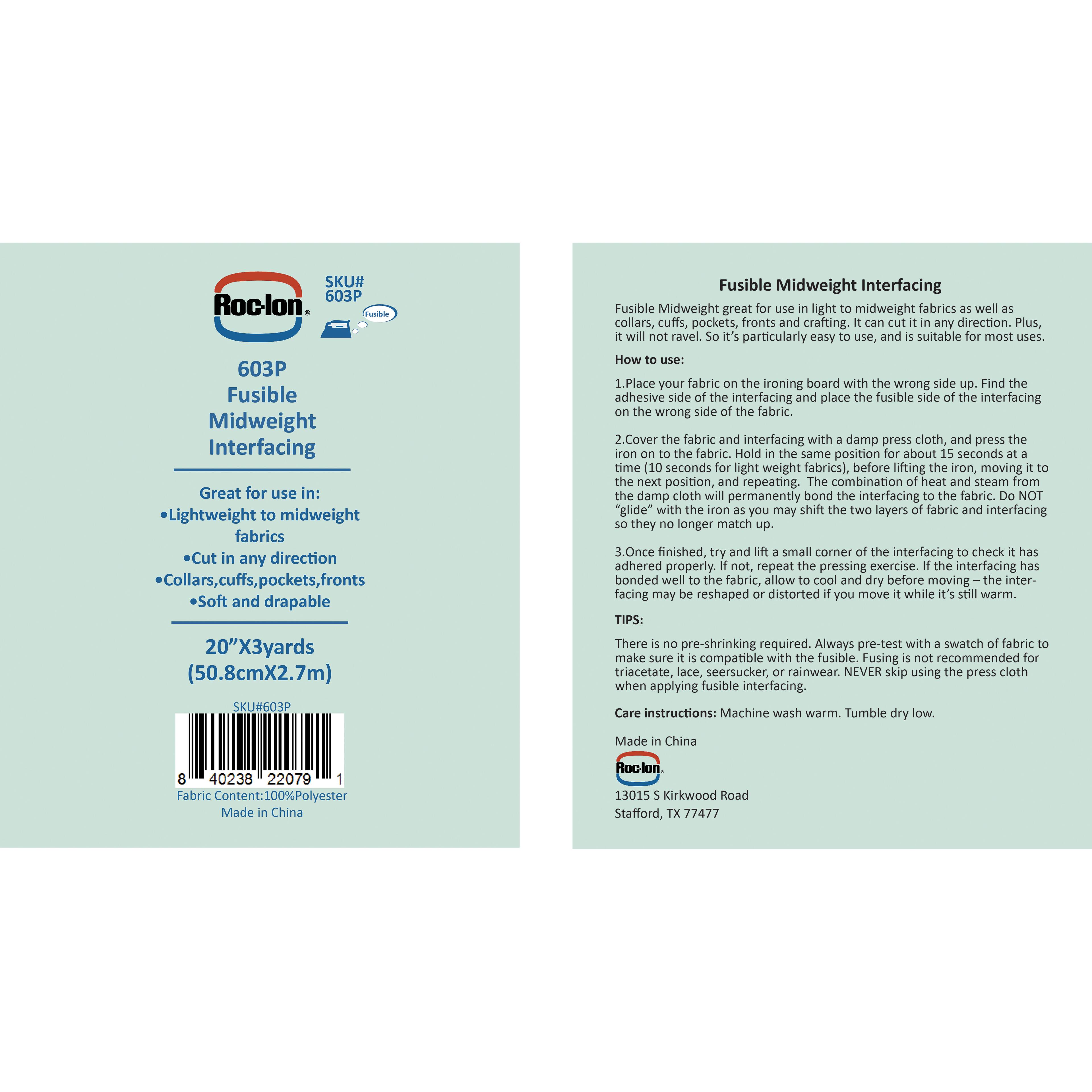 Roc-Lon 20" x 3yd. Fusible Midweight Polyester Interfacing