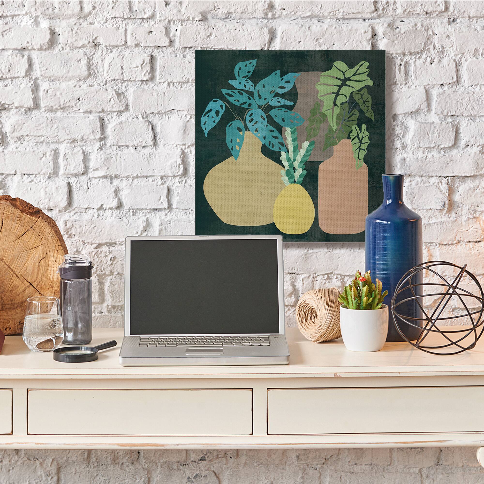 Stupell Industries Decorative Vases with Tropical Palms over Black Canvas Wall Art