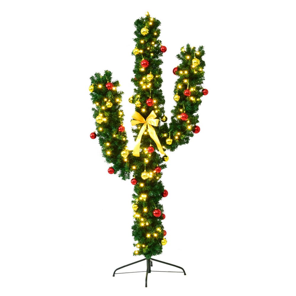 Costway 5ft. Pre-Lit Cactus Artificial Christmas Tree with Ball Ornaments, Warm White LED Lights