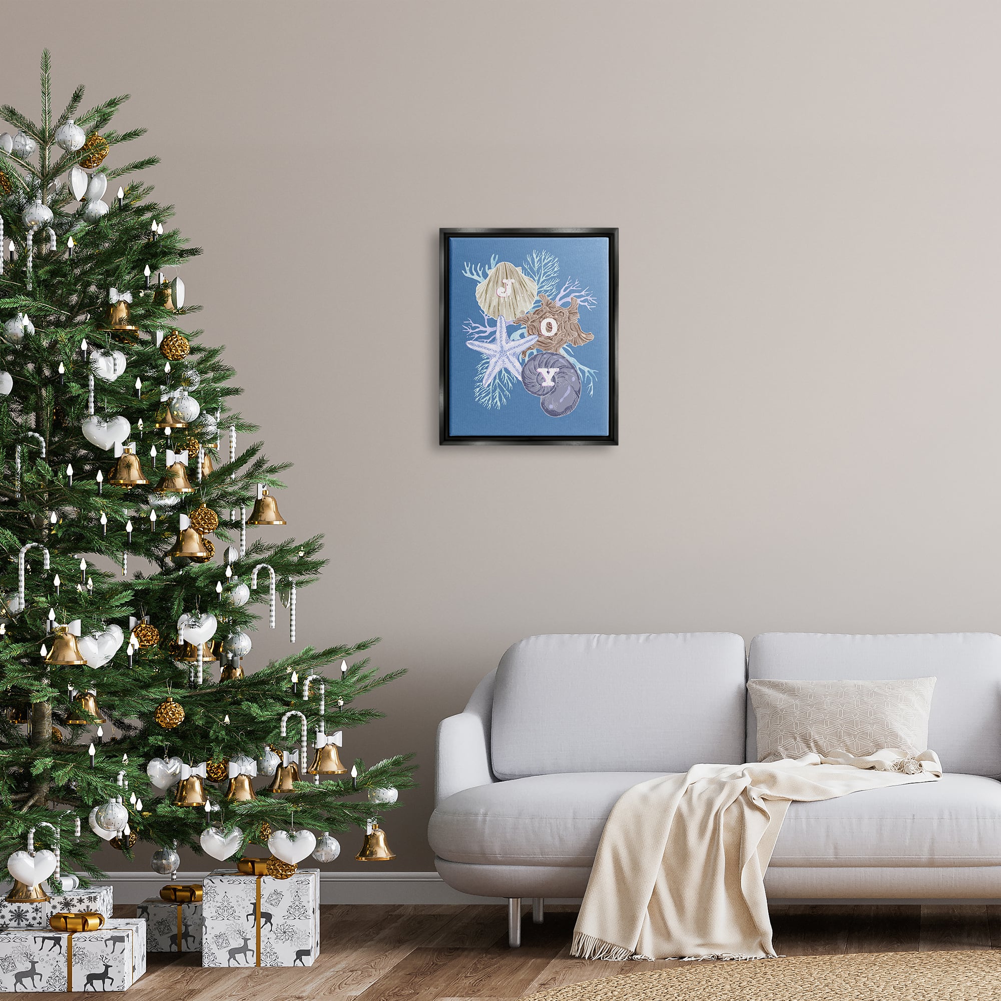 Stupell Industries Joy Nautical Holiday Seashells Framed Floater Canvas Wall Art