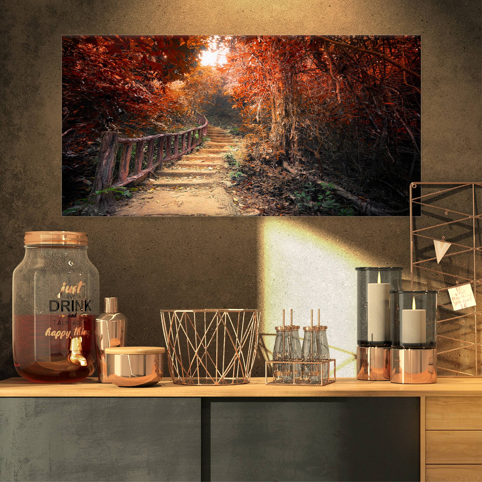 Designart - Stairway Through Red Fall Forest - Landscape Photography Canvas Print
