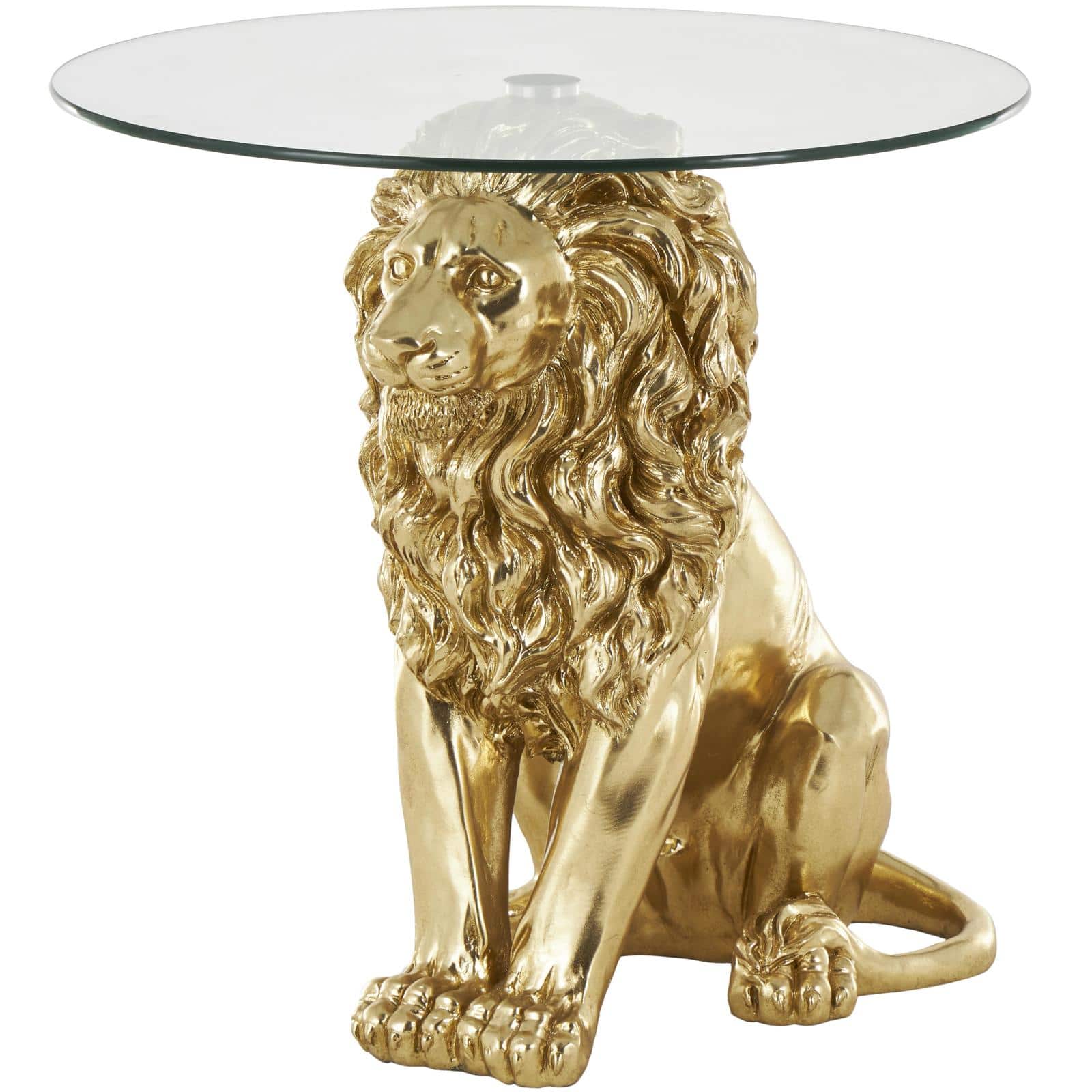 24" x 27" Gold Resin Lion Sitting Accent Table with Glass Tabletop