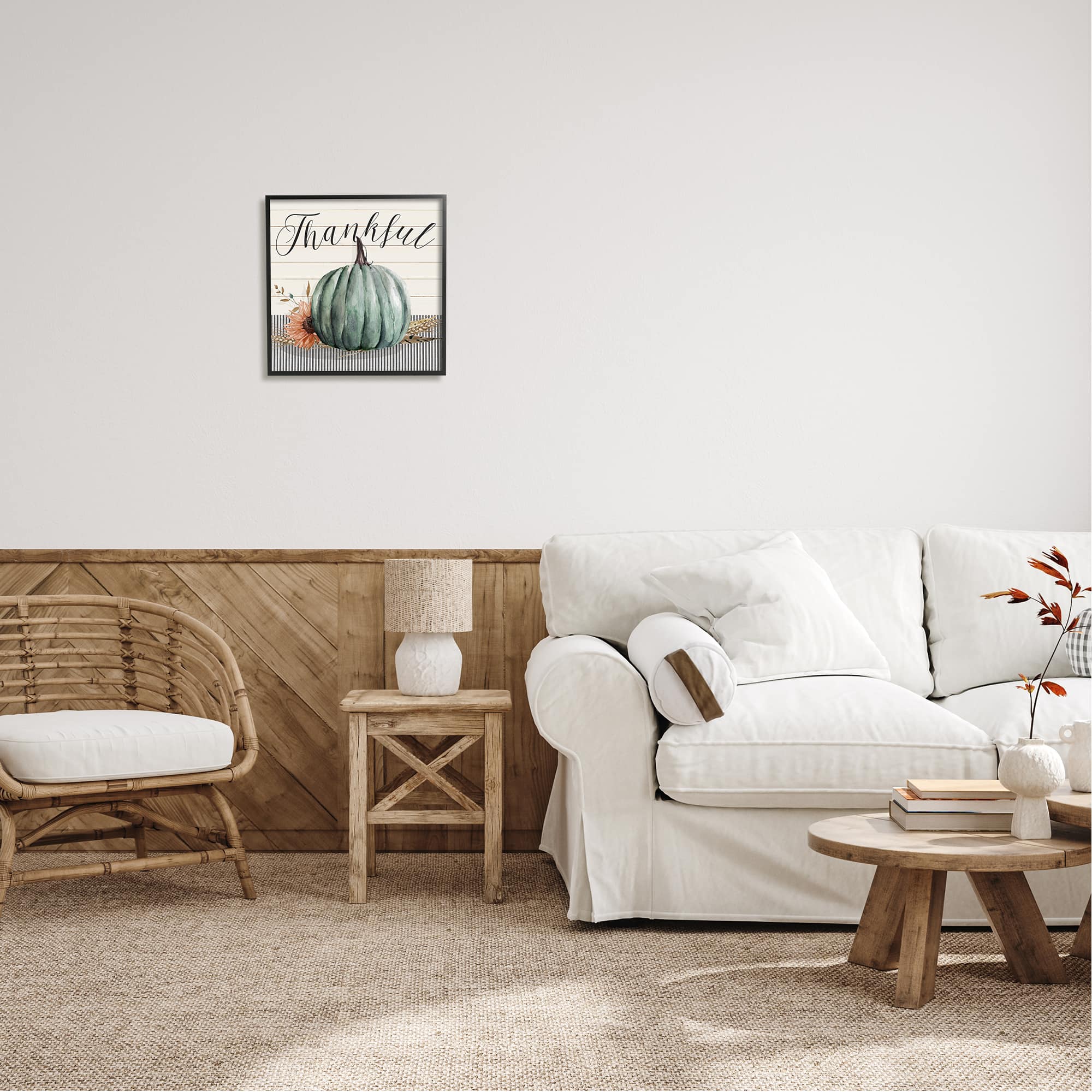 Stupell Industries Thankful Autumn Floral Pumpkin Framed Giclee Art