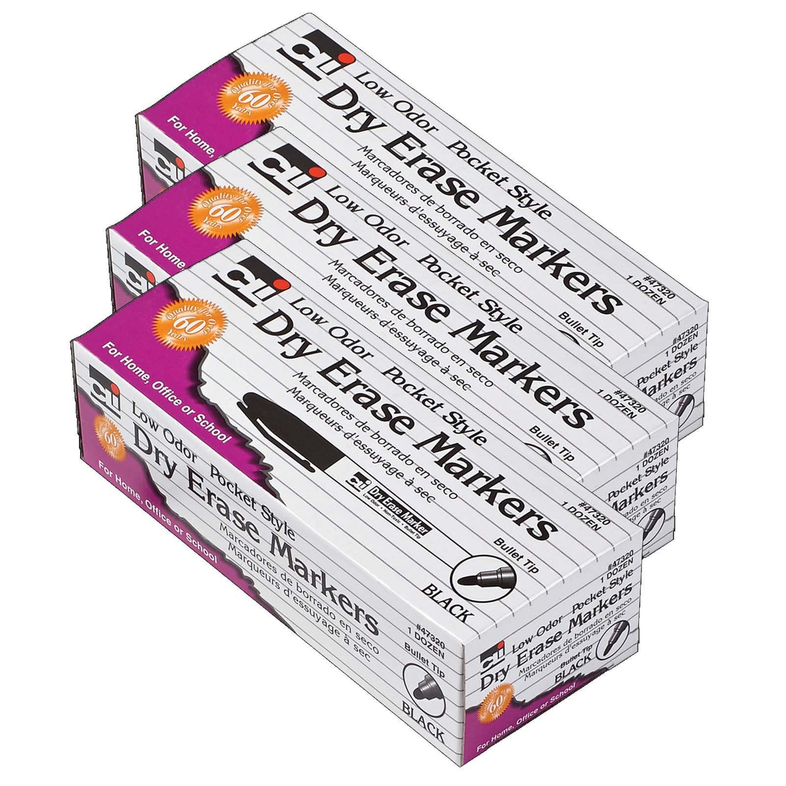 Charles Leonard Black Bullet Tip Dry Erase Markers, 3 Packs of 12