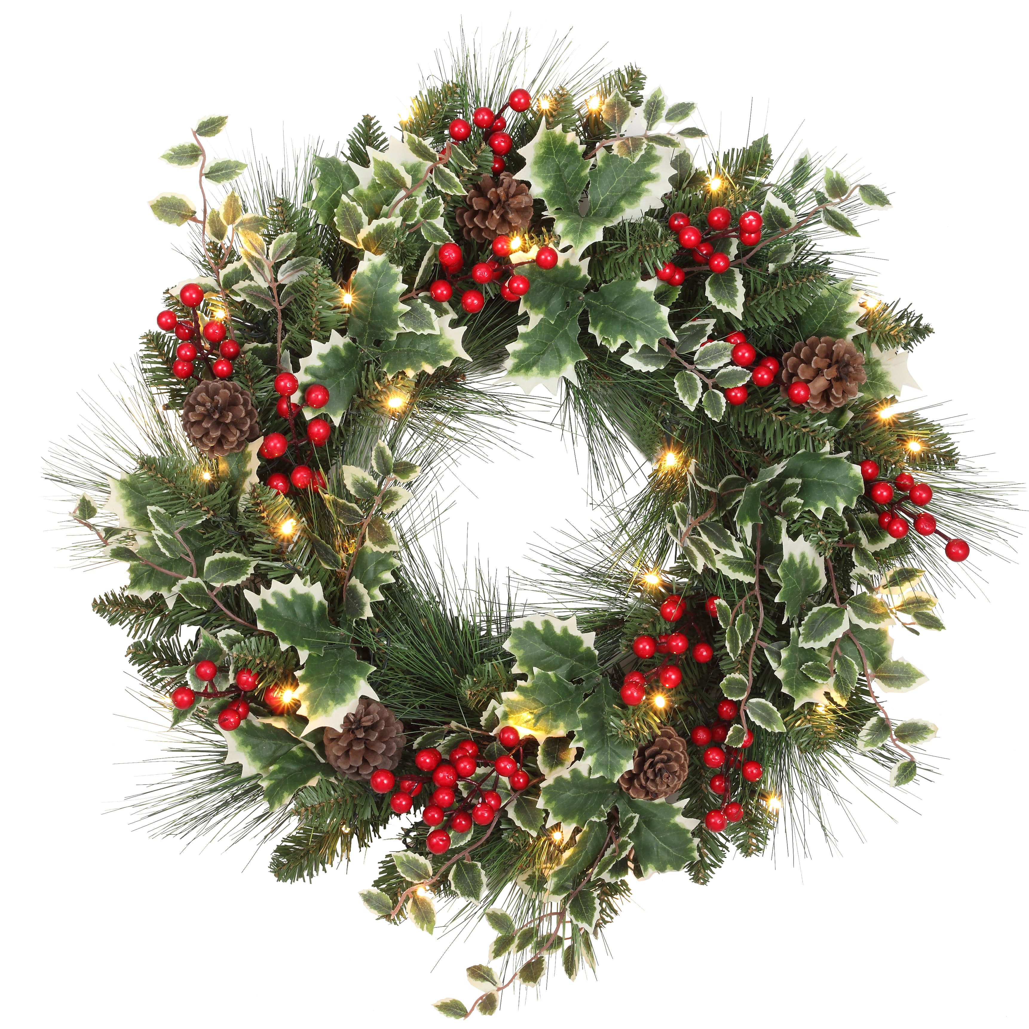 Haute Decor 24" Pre-Lit Holly, Pine & Berry Christmas Wreath, Soft White LED Lights