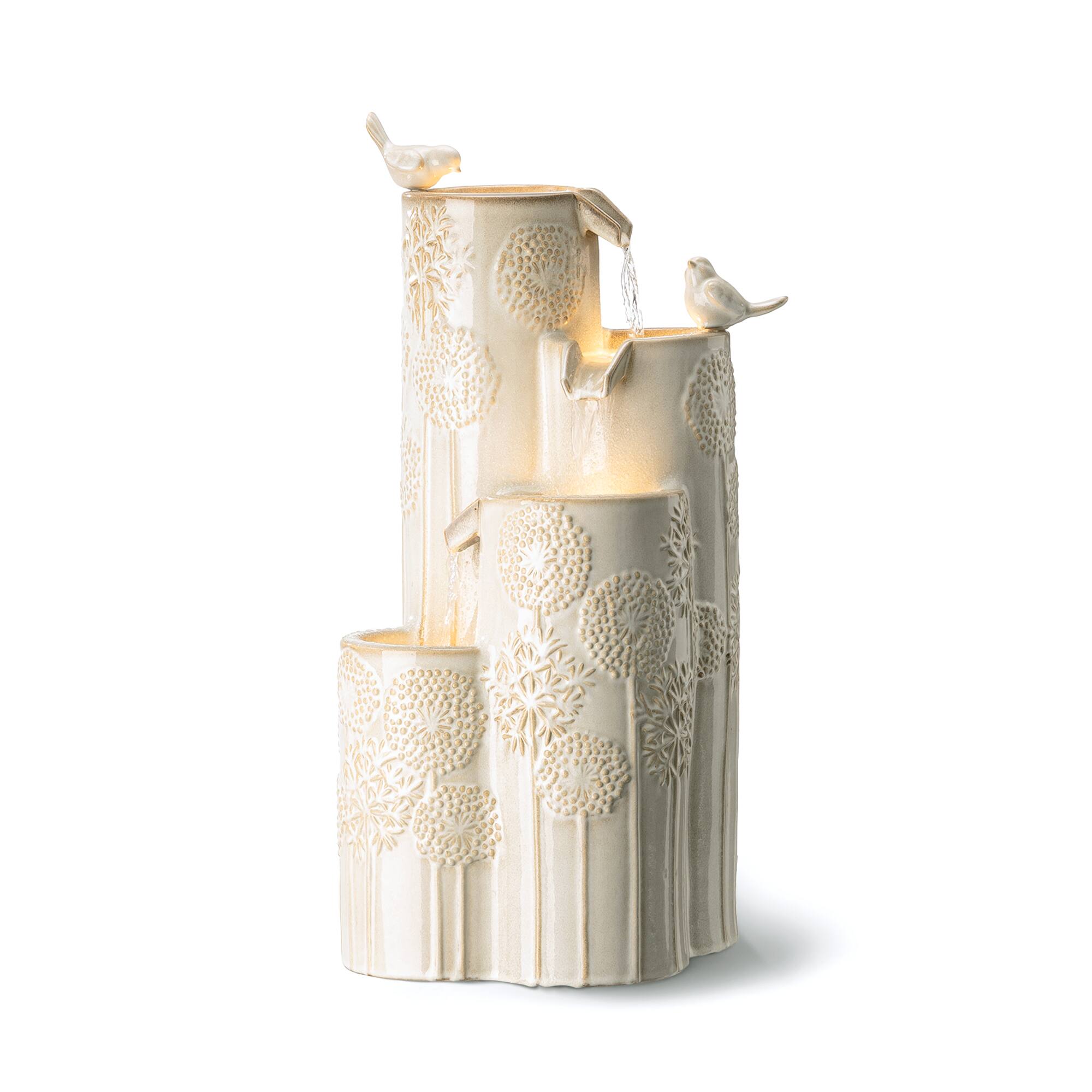 Glitzhome® 31.75" Beige 4-Tier Dandelion Texture Vase-Shaped Ceramic Outdoor Fountain with LED Light