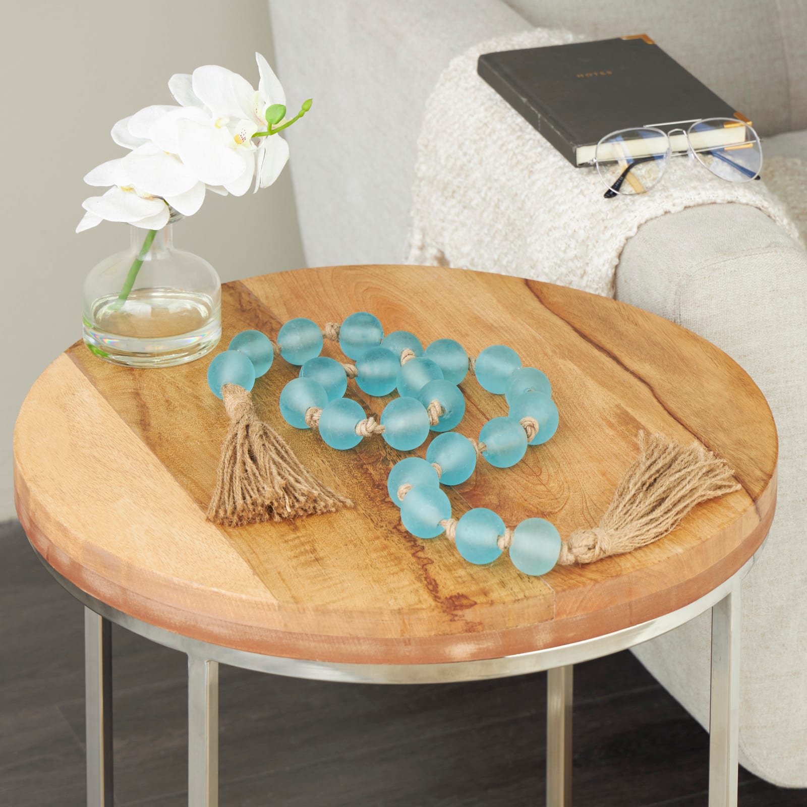 45" Handmade Round Frosted Glass Bead Garland with Tassels & Knotted Jute