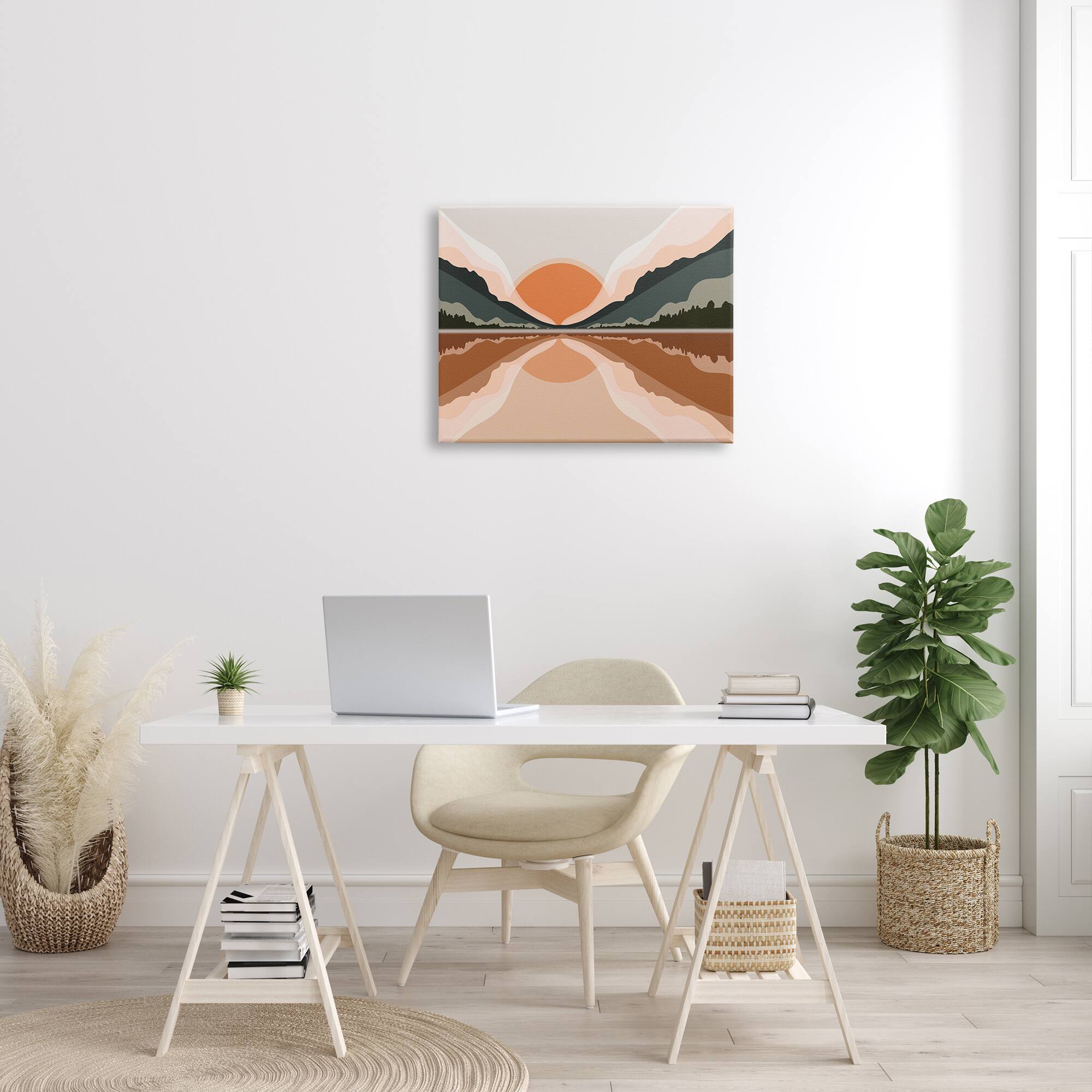 Stupell Industries Misty Sunrise Geometric Green Mountain Lake Reflection Canvas Wall Art