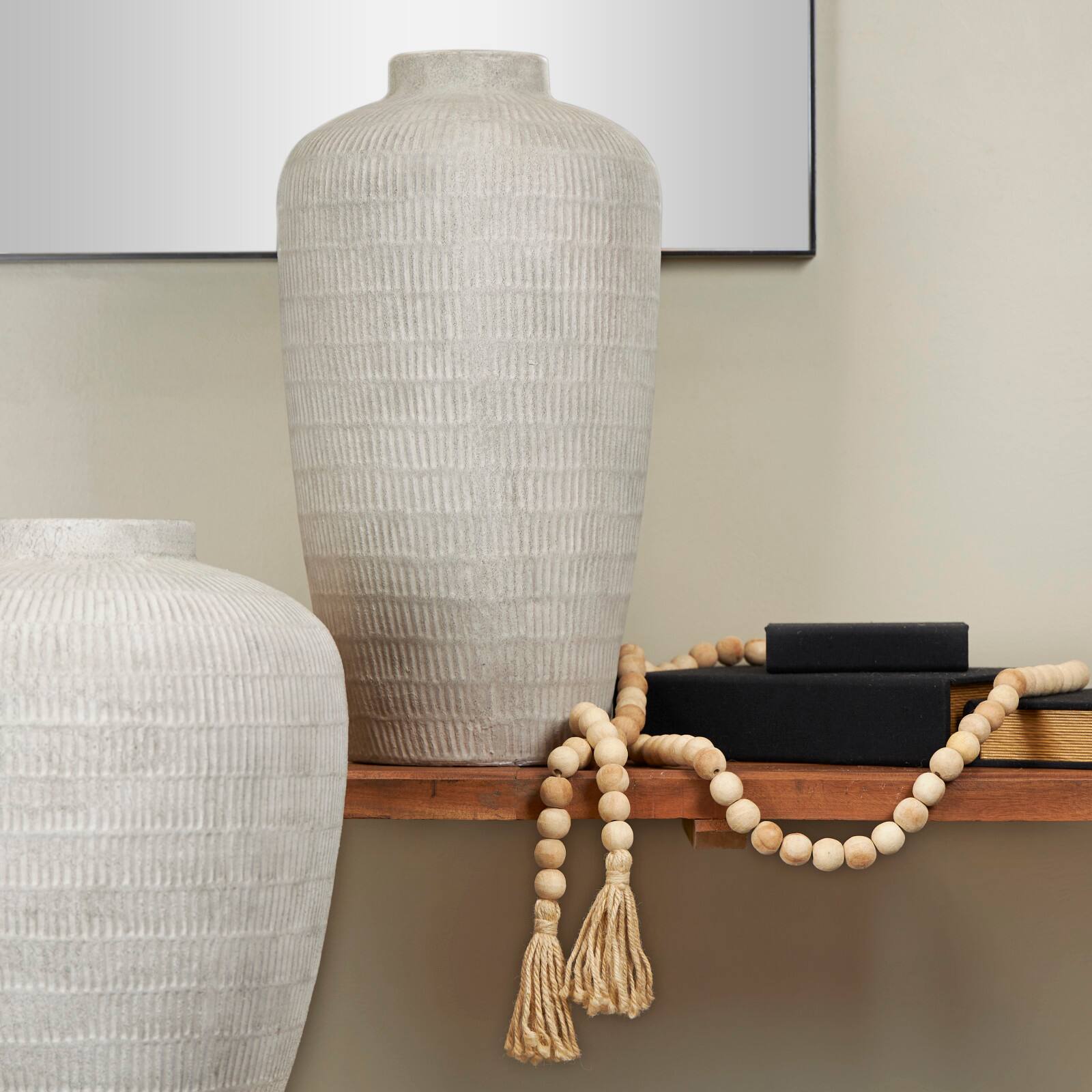 Cream Ceramic Textured Vase with Linear Pattern