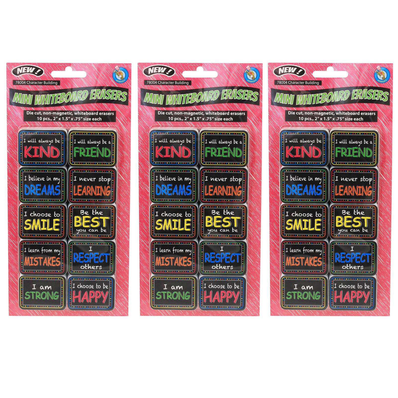 Ashley Productions Non-Magnetic Mini Character-Building Whiteboard Erasers, 3 Packs of 10