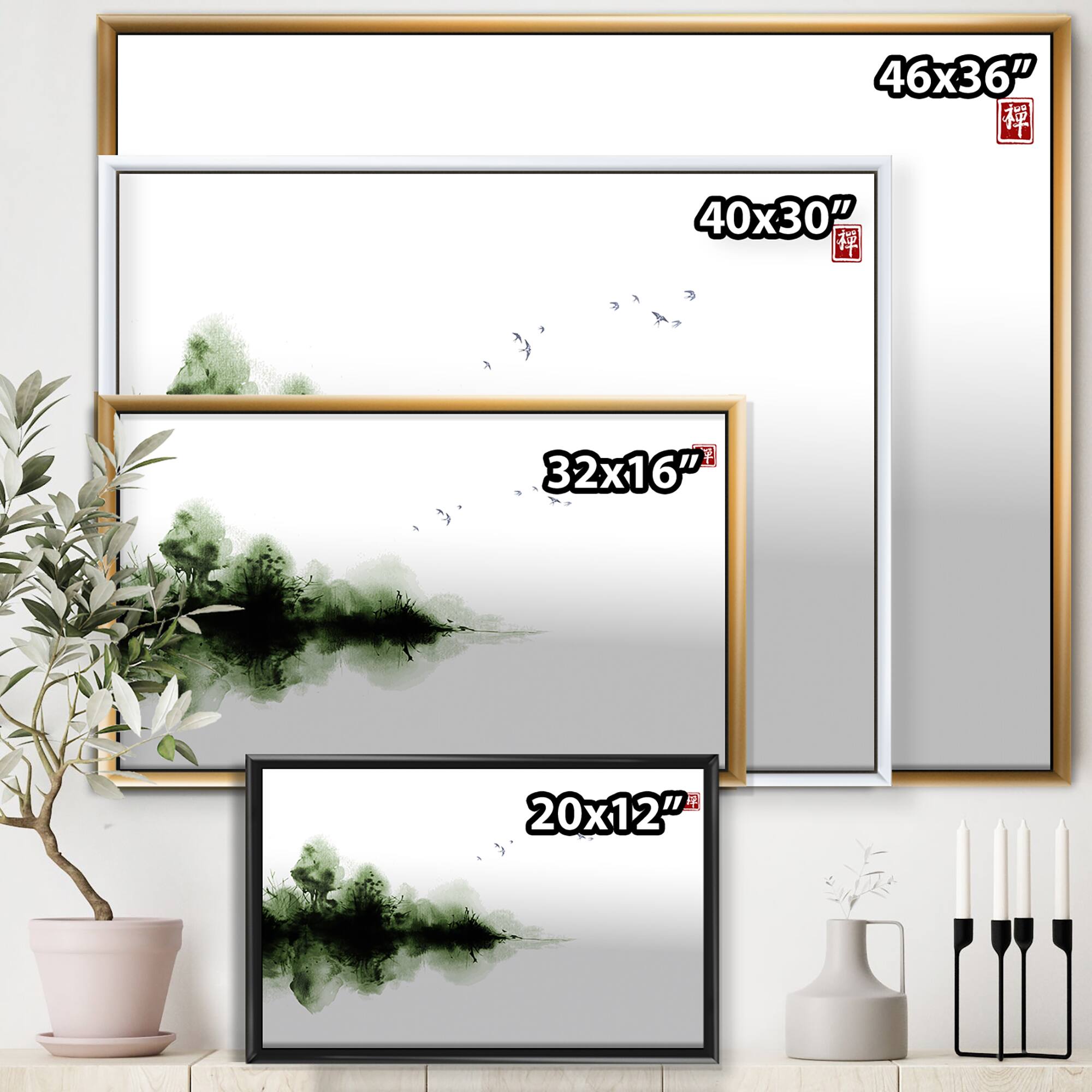 Designart - Japanese Red Moon In Traditional Sumi-e Painting I - Traditional Canvas Wall Art Print in Black Frame