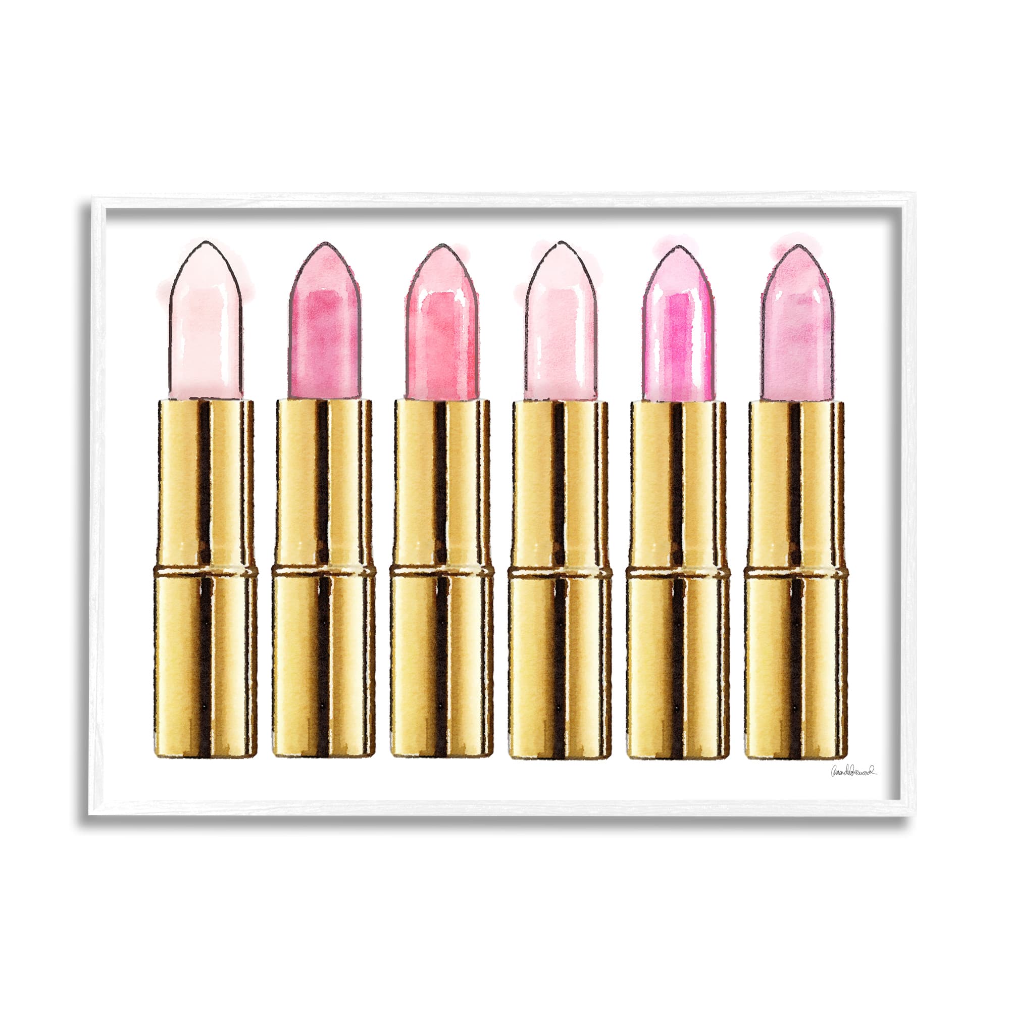 Stupell Industries Pink Gold Lipstick Glam Fashion Watercolor in White Frame Wall Art