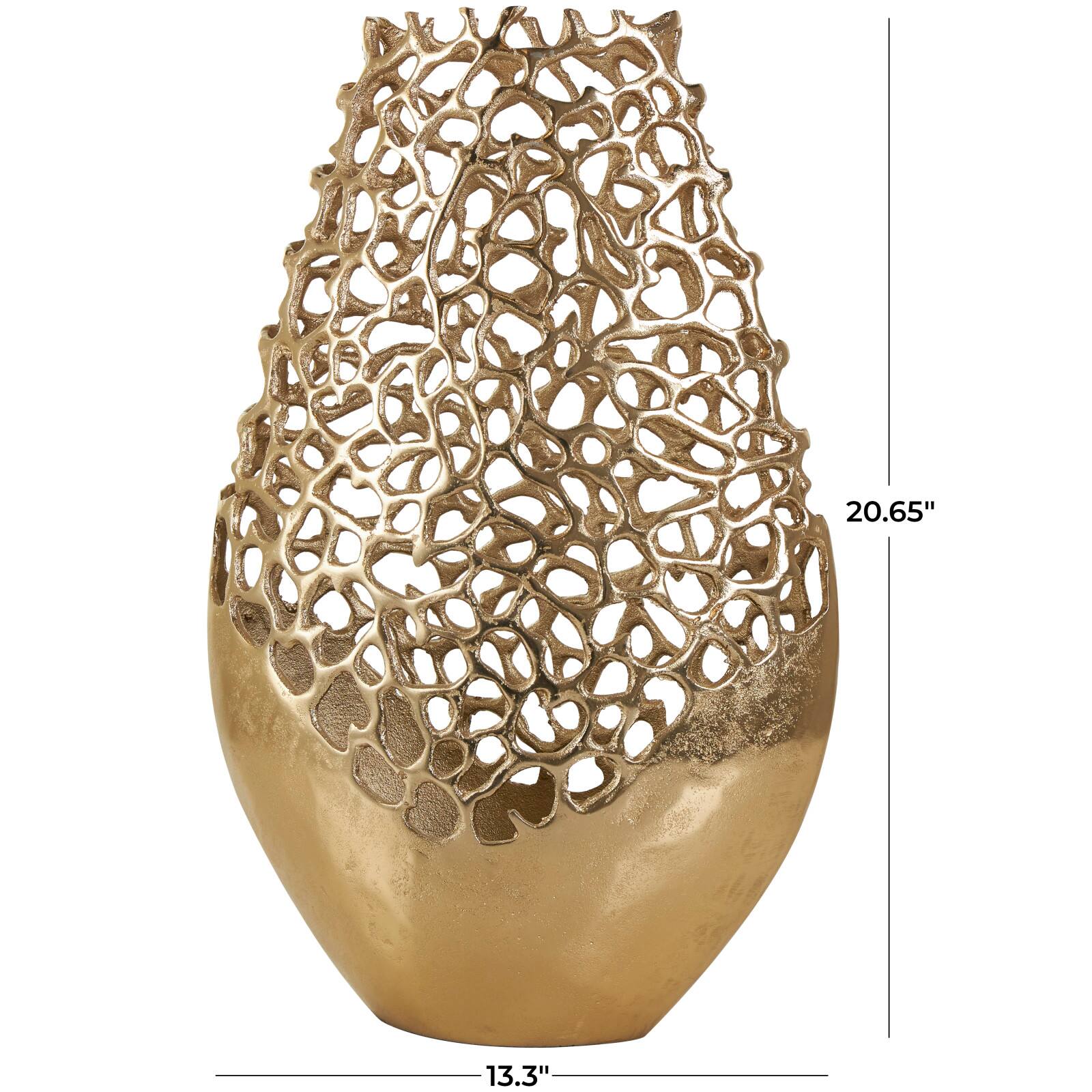 20.75" Gold Aluminum Rounded Vase with Freeform Open Lattice Work