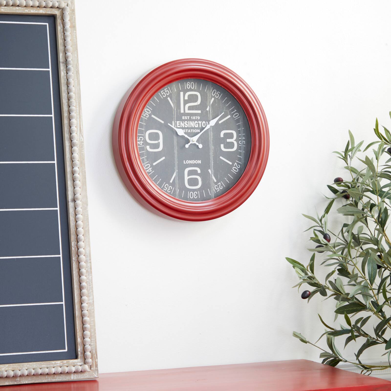 Farmhouse Round Red Metal and Wood Kensington Station Wall Clock, 14" x 14" x 2.60"