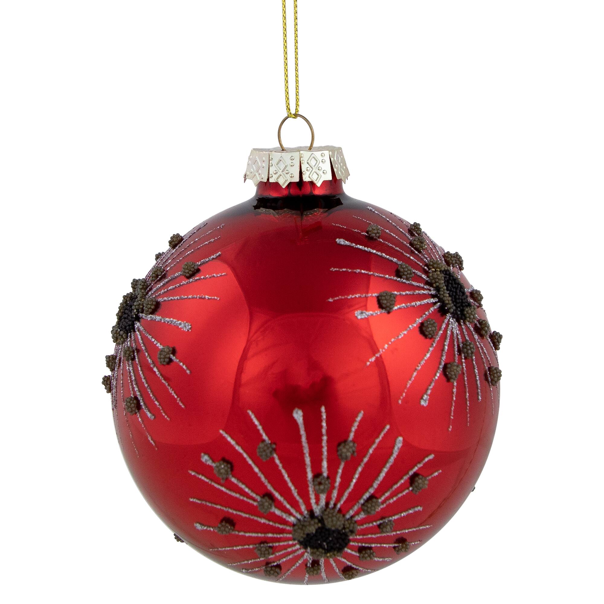 4" Red & Brown Beaded Bursting Snowflake Glass Ball Ornament