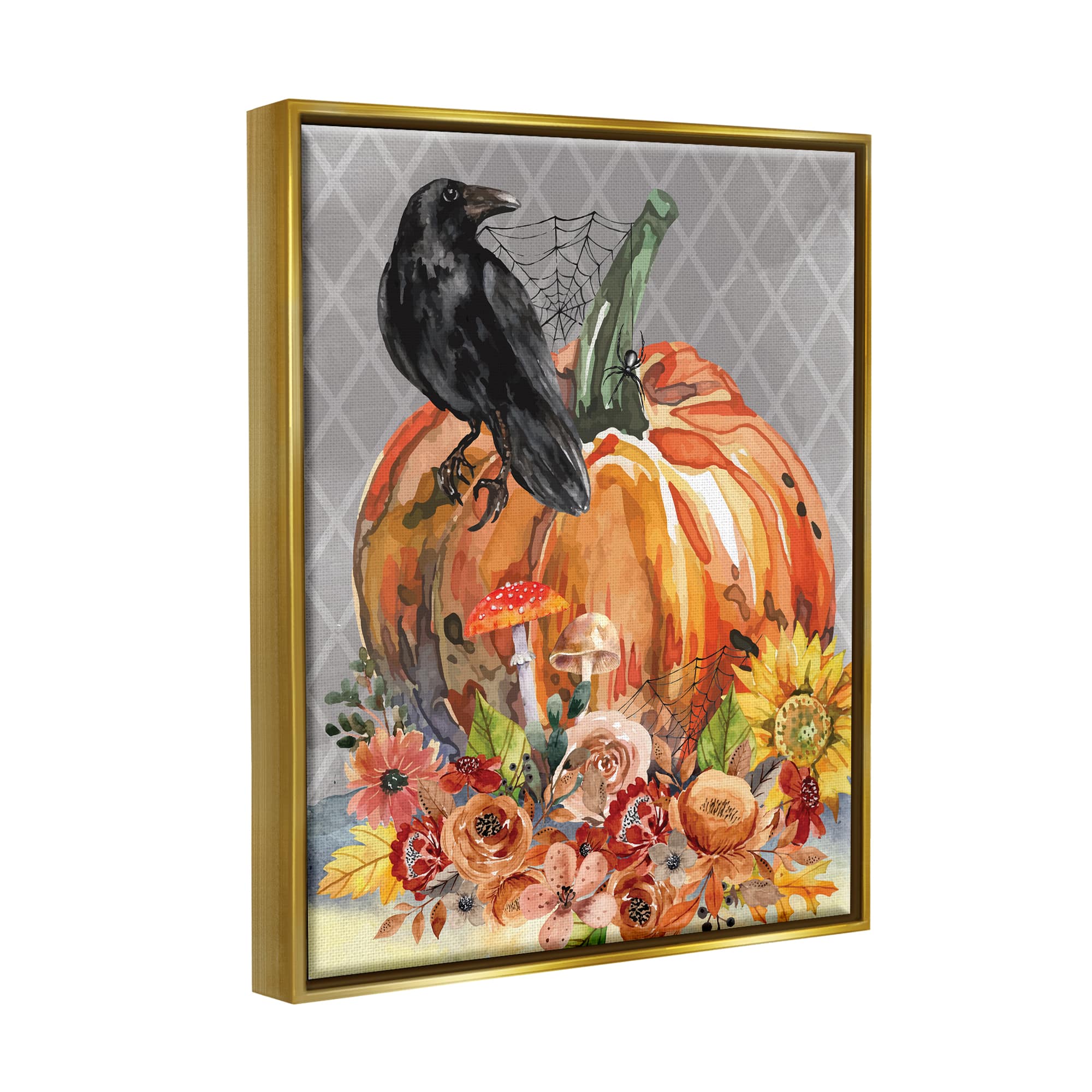 Stupell Industries Autumn Crow Pumpkin Botanicals Framed Floater Canvas Wall Art
